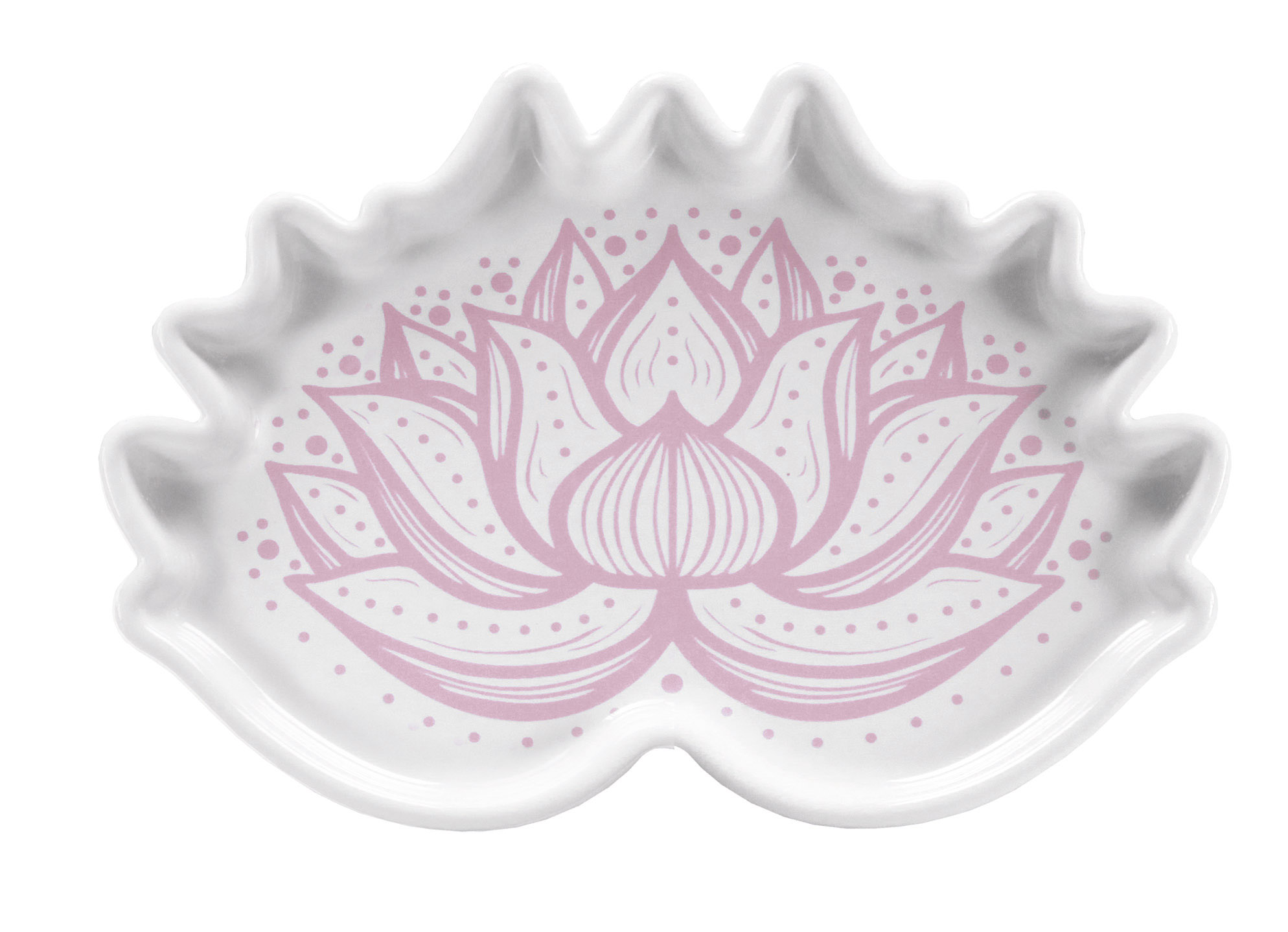 Dekoschale LOTUS DISH Beere Weiße Seifenschale mit rosa Lotusblumen-Design und gewelltem Rand, ideal für ein stilvolles Badezimmer.