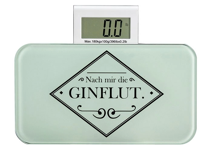 4004478328181 Digitale Personenwaage mit humorvollem Spruch "Nach mir die Ginflut" und großem Display. Ideal für stilvolle Badezimmer.