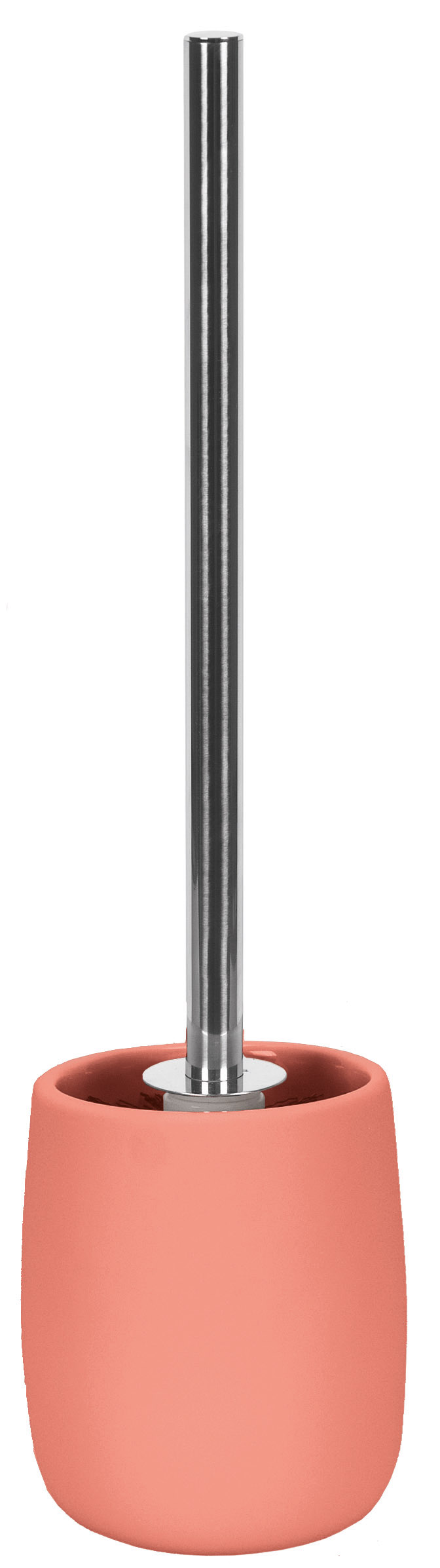 Toilettenbürstenhalter in modernem Design, korallenfarbener Behälter mit Edelstahlgriff.