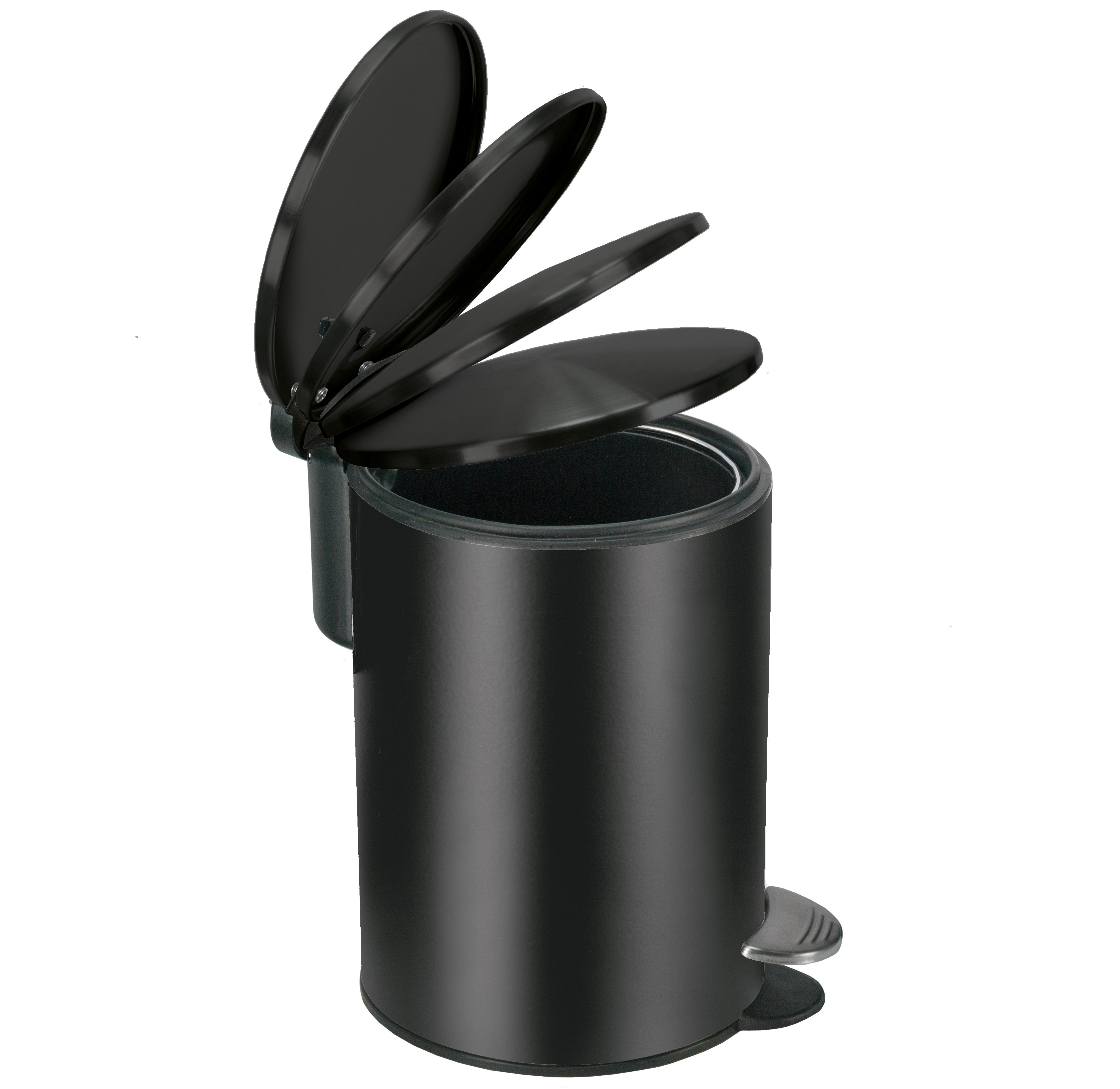 Schwarzer, runder Treteimer mit aufklappbarem Deckel, ideal für Badezimmer oder Küche.