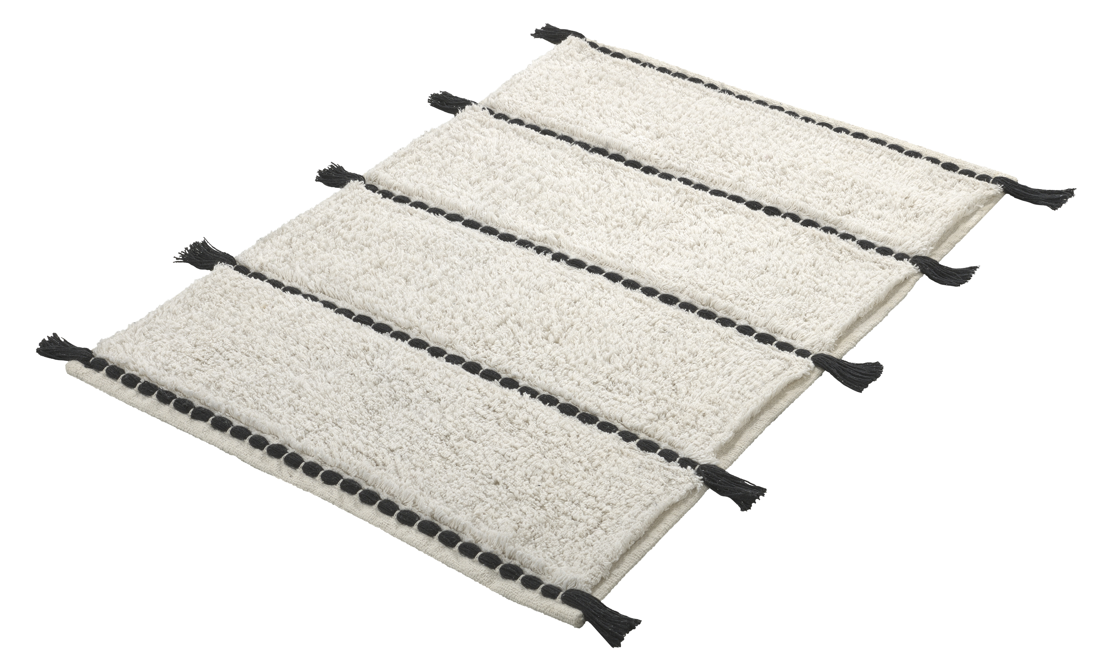 Badteppich TRAVIS Natur 80 x 140 cm Weißer Teppich mit schwarzen Quasten und Streifen, weiche Textur, ideal für Wohn- und Schlafzimmer.