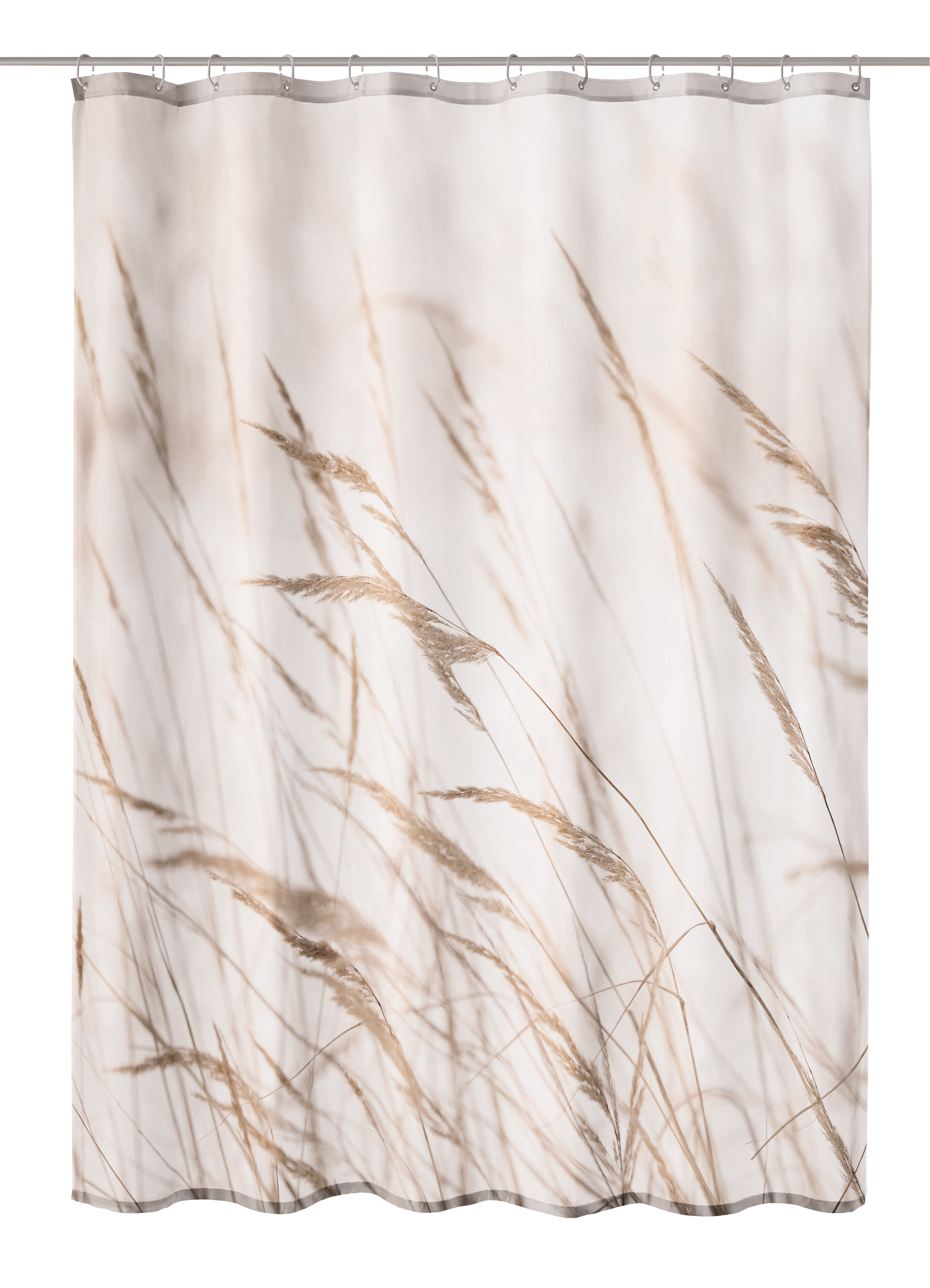 Duschvorhang Textil SYLT Natur 180 x 200 cm Duschvorhang mit zartem Gräser-Motiv in natürlichen Beige- und Brauntönen, ideal für ein ruhiges und stilvolles Badezimmer.