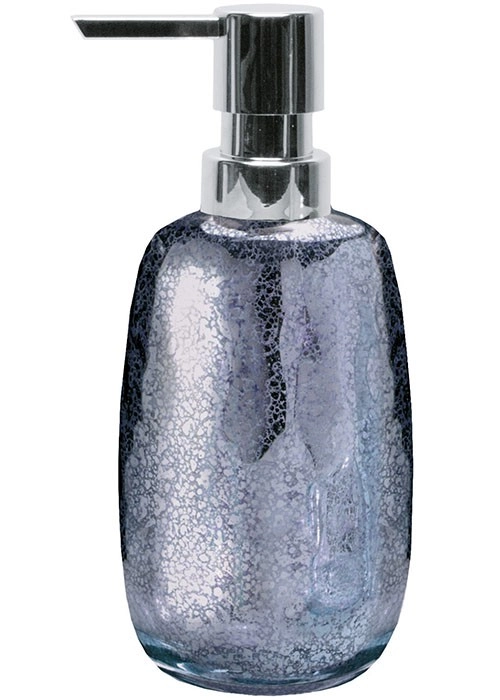4004478319318 Seifenspender aus Glas mit silbernem Pumpkopf und schimmerndem, marmoriertem Design in Blau- und Grautönen.