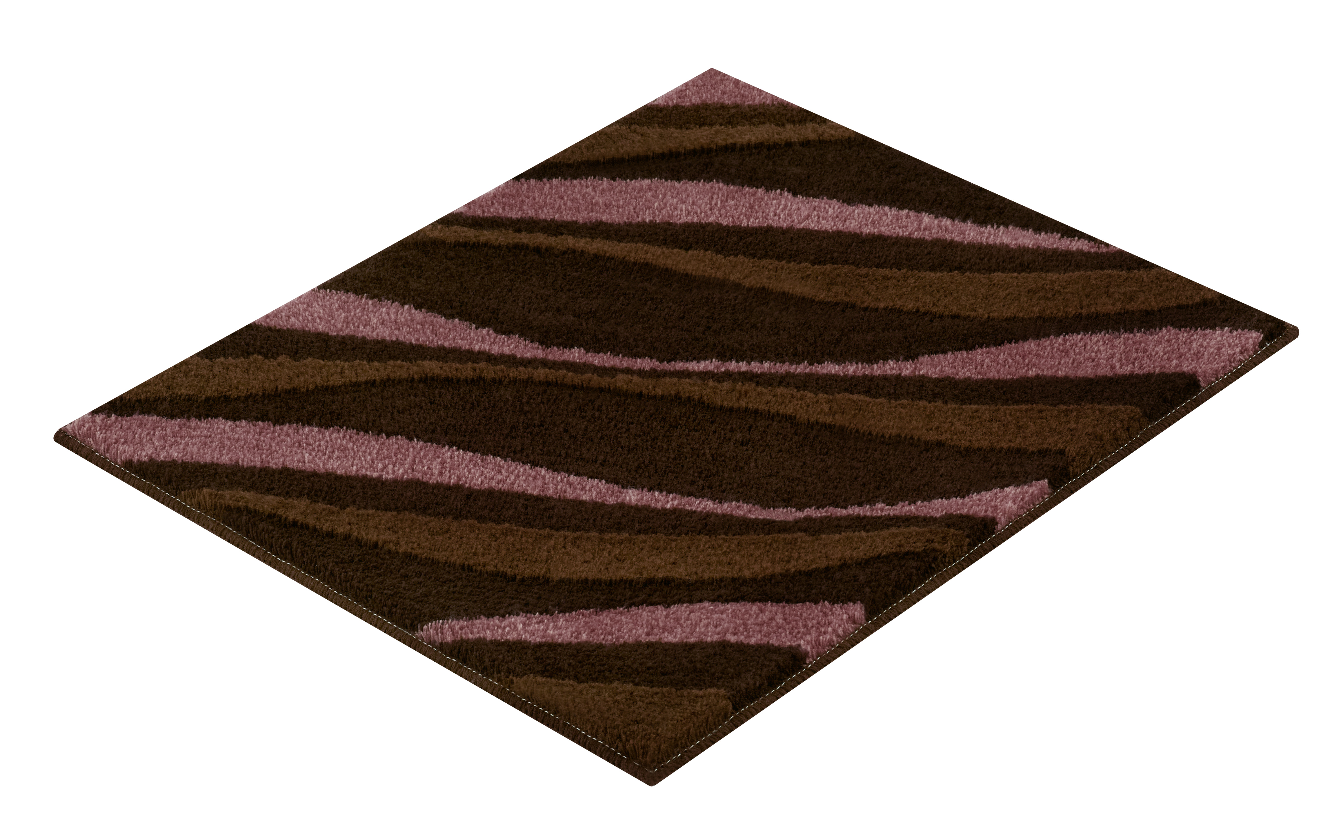 Moderner Badteppich mit Zebrastreifen-Muster in Braun- und Rosatönen, weiche Textur, rutschfeste Unterseite.