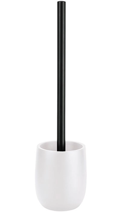 Toilettenbürste mit schwarzem Griff und weißem Halter, modernes und schlichtes Design, ideal für jedes Badezimmer.
