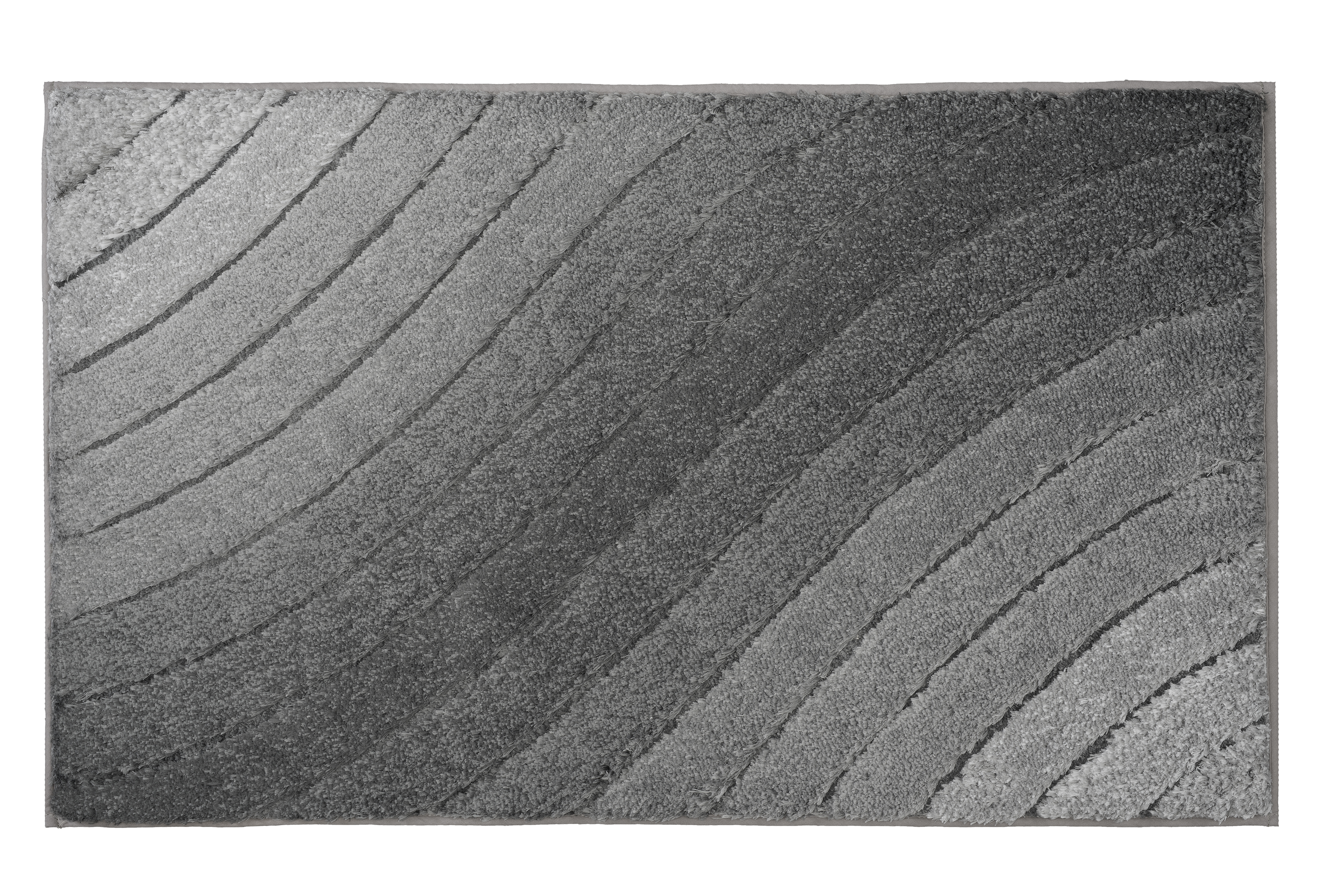 Grauer Badteppich mit wellenförmigem Muster in verschiedenen Grautönen, weiche Textur, ideal für moderne Badezimmer.