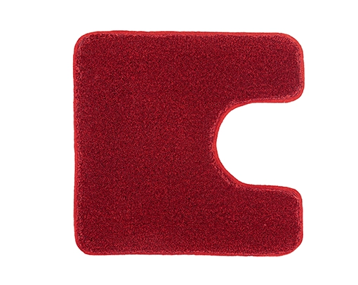 Rote Badematte mit Ausschnitt, ideal für Toiletten. Weiche Textur und rutschfeste Unterseite für mehr Sicherheit.