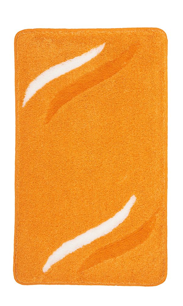 Weicher, orangefarbener Badteppich mit weißen und hellorangen Wellenmustern, rechteckig und rutschfest.