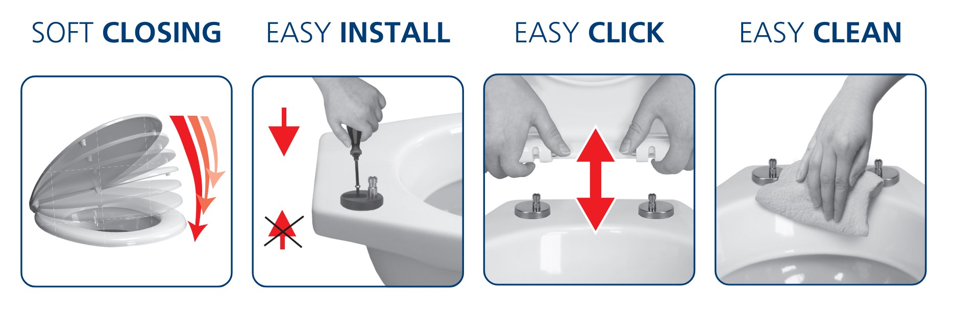 WC-Sitz mit Soft-Close-Funktion, einfacher Installation, leichtem Klick-Mechanismus und müheloser Reinigung.