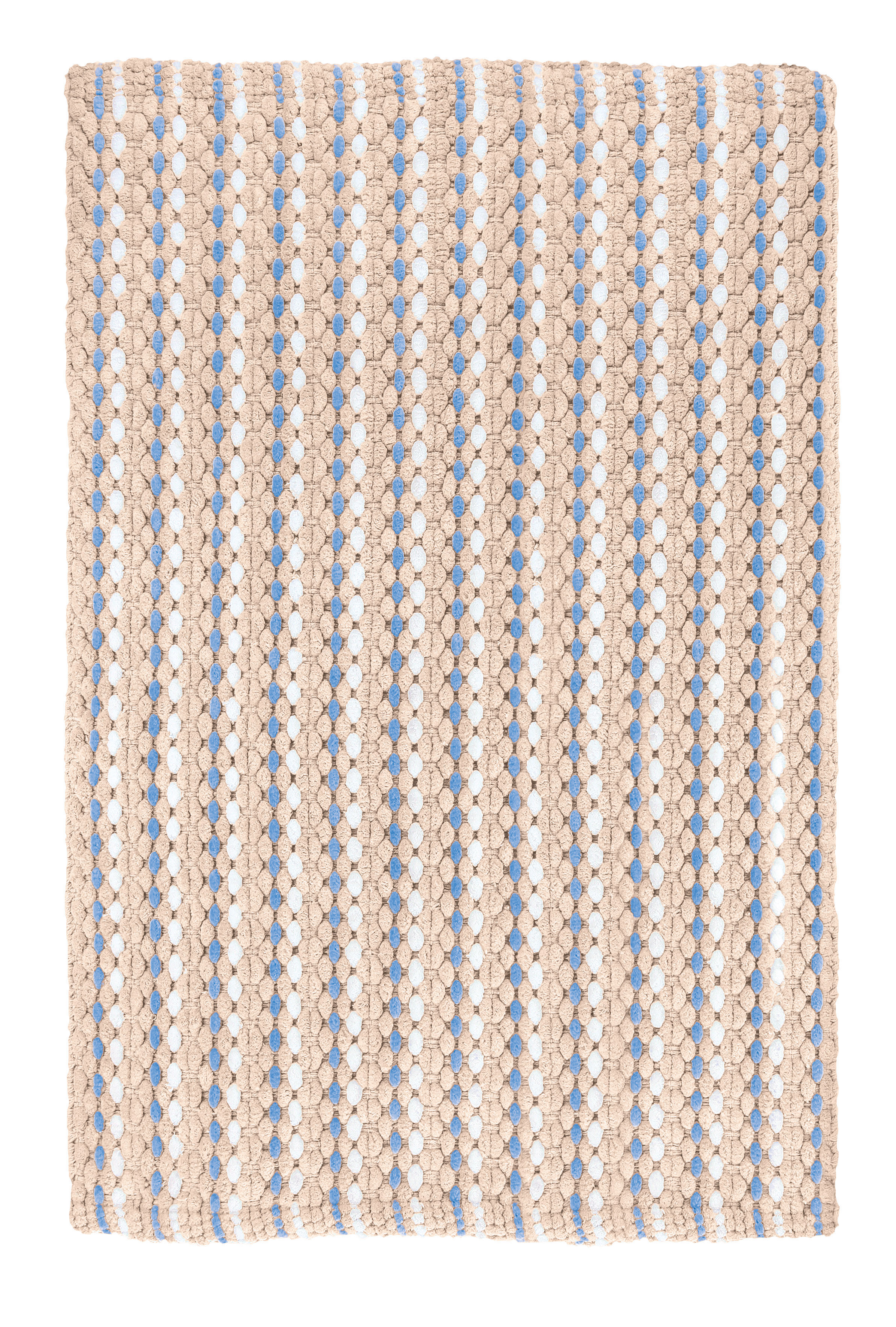 Badematte mit geflochtenem Design in Beige und Blau, rechteckig, aus weichem Material für ein gemütliches Badezimmer.