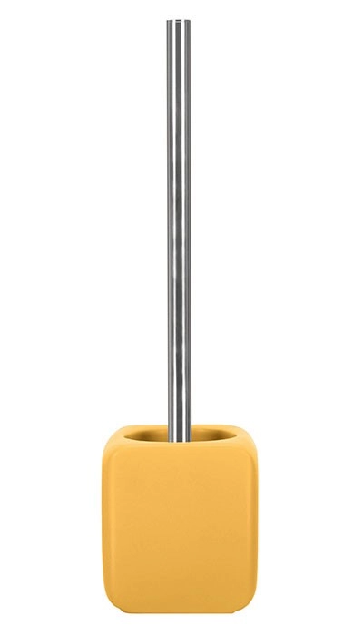 4004478279926 Toilettenbürste mit gelbem, quadratischem Halter und Edelstahlgriff. Modernes Design, ideal für stilvolle Badezimmer.