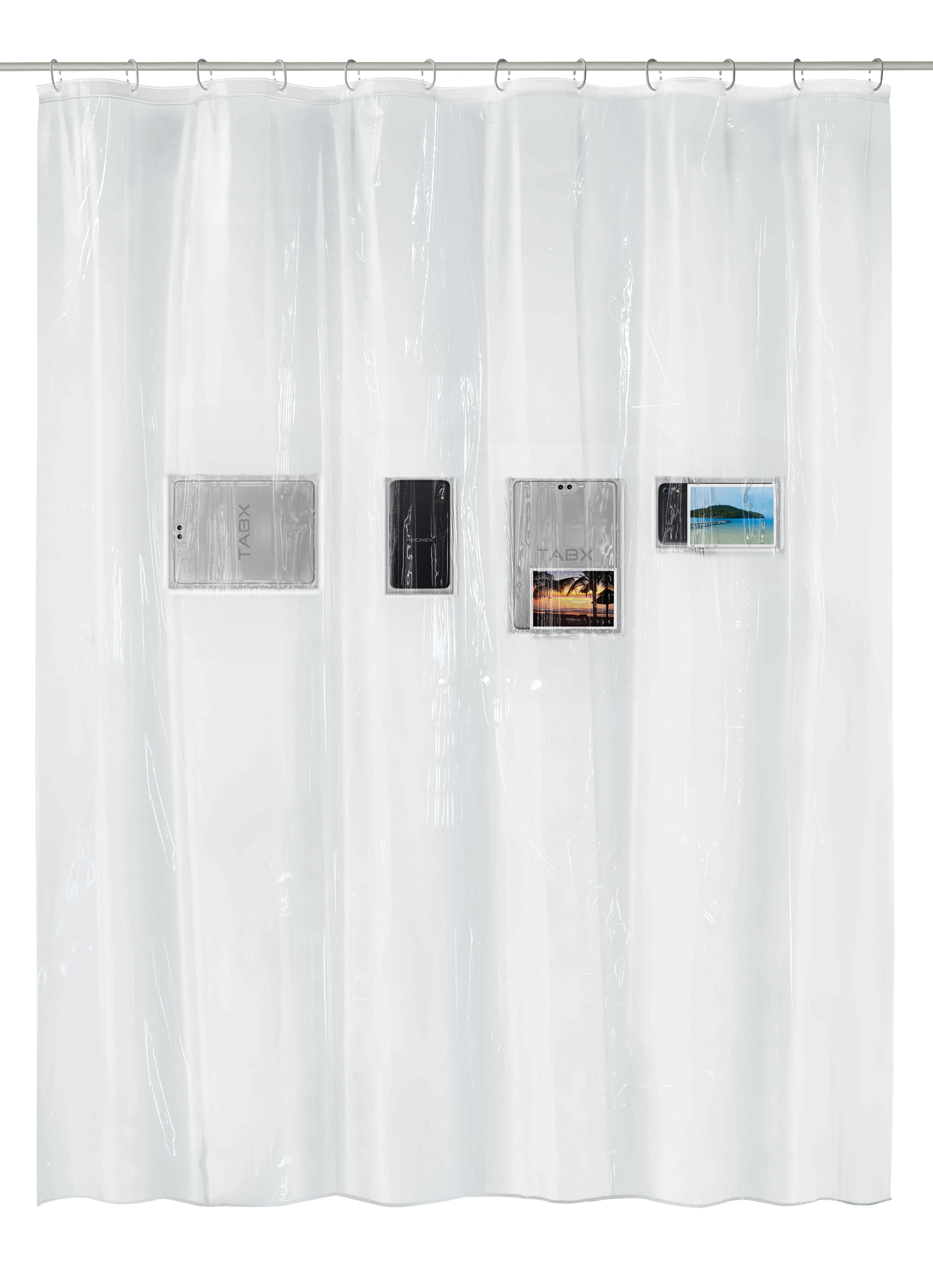 Duschvorhang PEVA POCKET Clear 180 x 200 cm Transparenter Duschvorhang mit integrierten Taschen für Smartphones und Tablets, ideal für Unterhaltung im Bad.