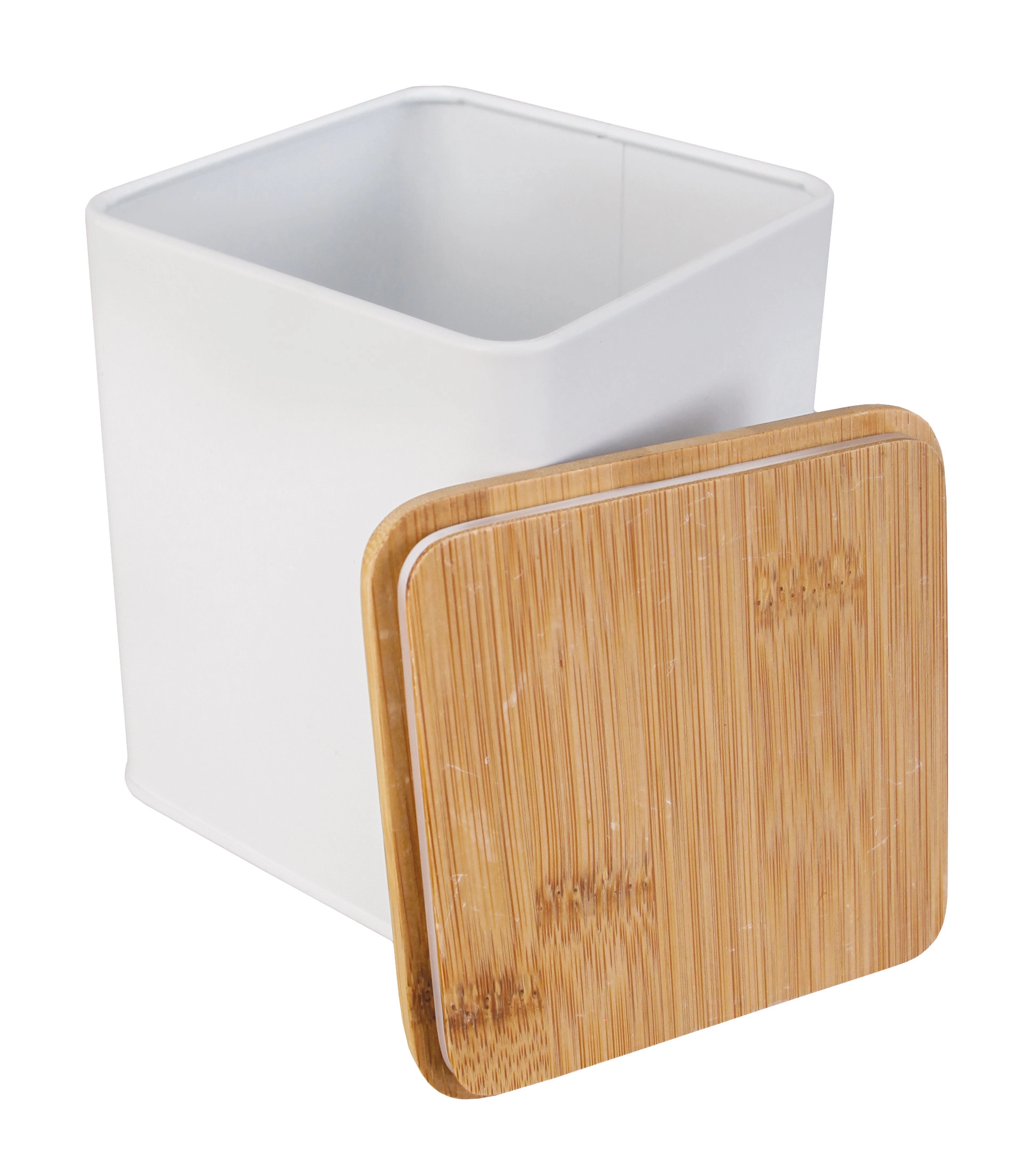 Weiße Aufbewahrungsbox mit abnehmbarem Bambusdeckel, ideal für Küche oder Bad.