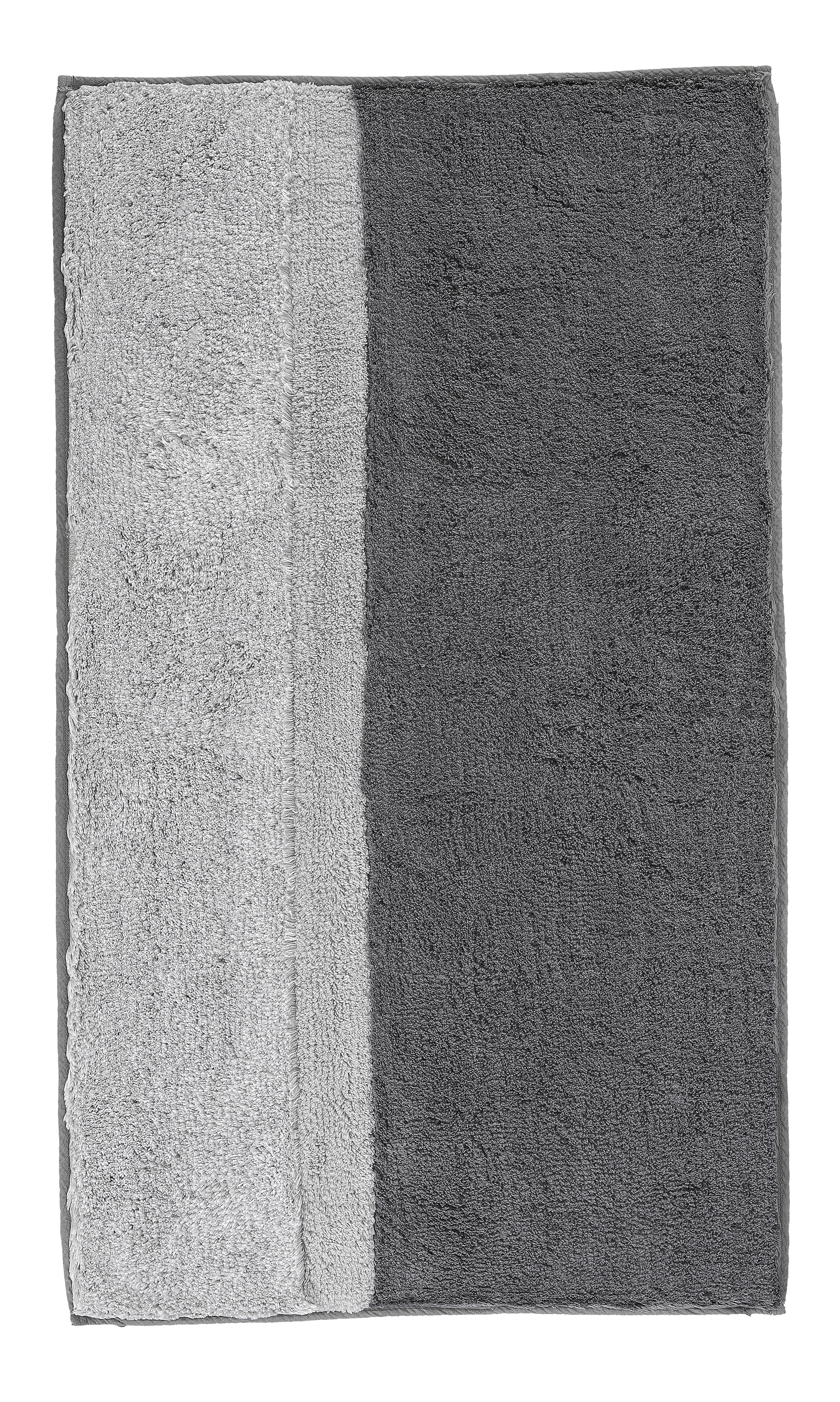 Graue Badematte mit zwei Farbtönen: links hellgrau, rechts dunkelgrau. Rechteckige Form, weiche Textur.