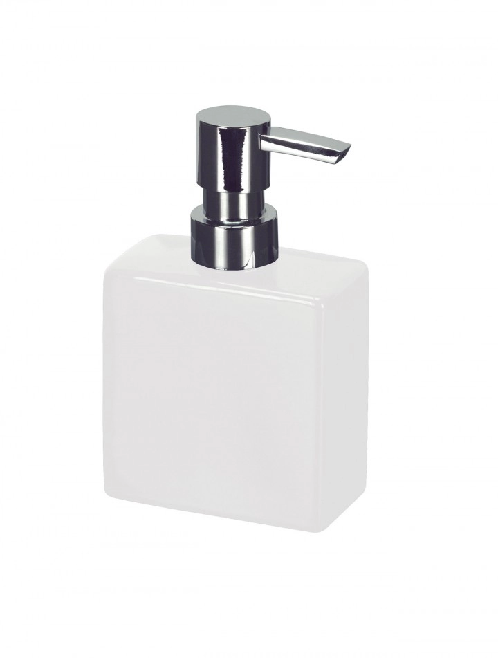 4004478158191 Weißer Seifenspender mit glänzendem Chrom-Pumpkopf, minimalistisches Design, ideal für moderne Badezimmer.