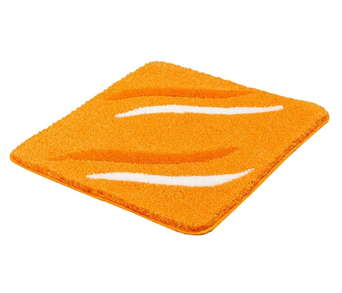 Quadratischer, orangefarbener Badteppich mit weißen und hellorangen Wellenmustern, weiche Textur, rutschfeste Unterseite.