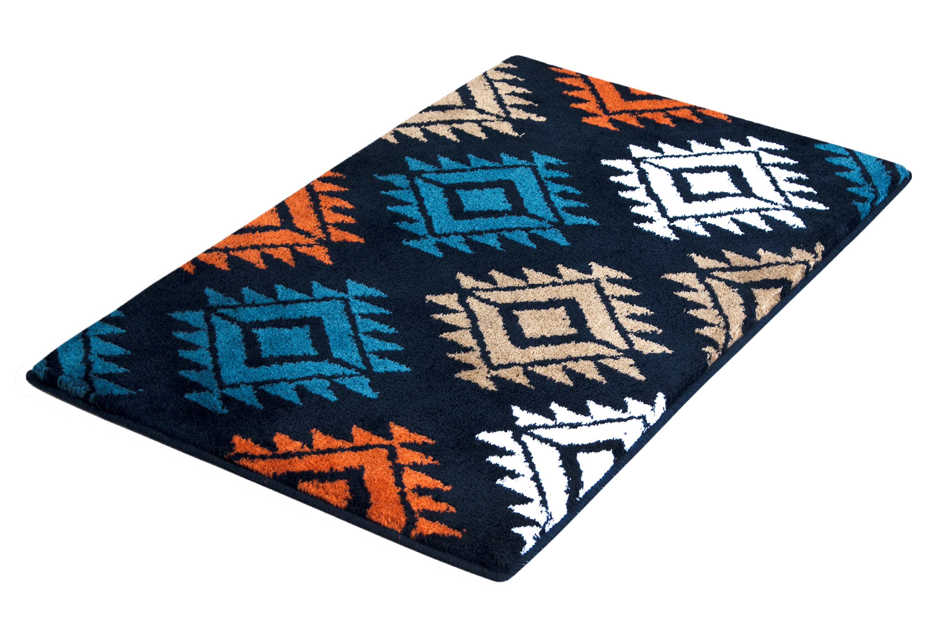 Badematte mit geometrischem Muster in Blau, Orange, Weiß und Beige auf schwarzem Hintergrund. Weich und stilvoll.