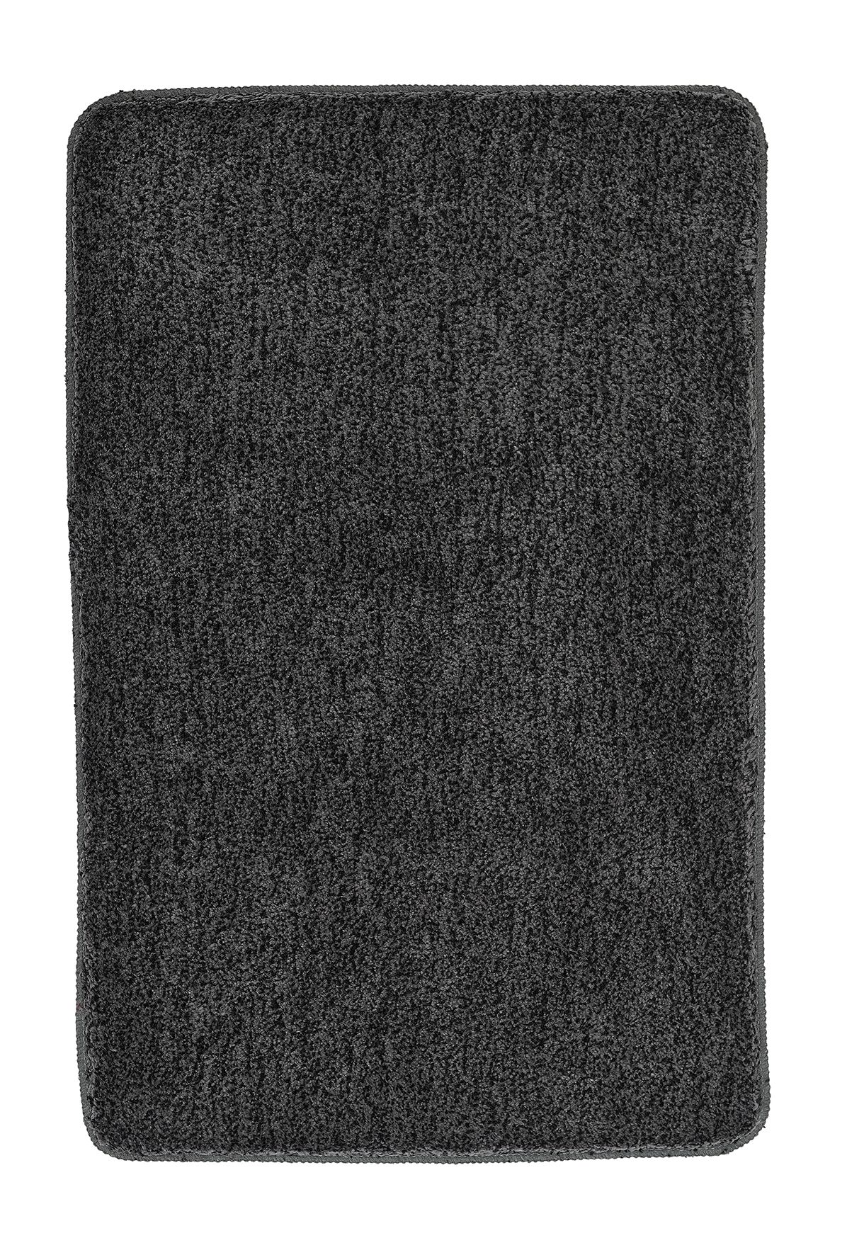 Weicher, rechteckiger, dunkelgrauer Badteppich mit rutschfester Unterseite, ideal für ein modernes Badezimmer.