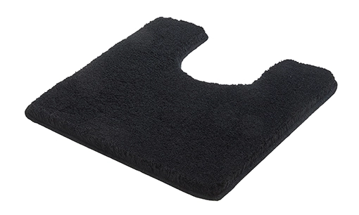 Schwarzer WC-Vorleger aus weichem Material mit Ausschnitt für die Toilettenbasis.