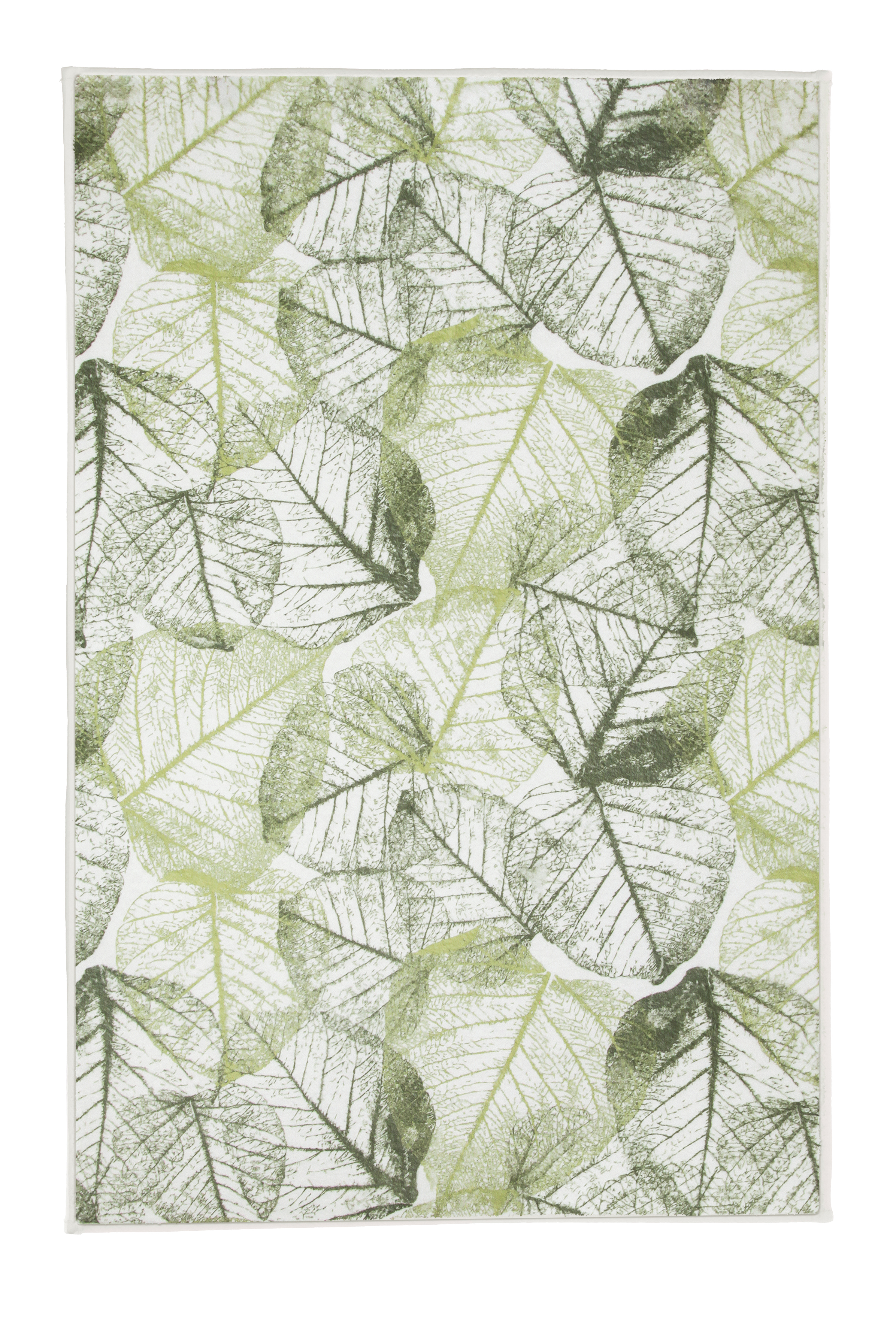 Badteppich SELVA Forest 60 x 90 cm Moderner Teppich mit grünem Blätterdesign auf weißem Hintergrund, ideal für eine natürliche und frische Raumgestaltung.