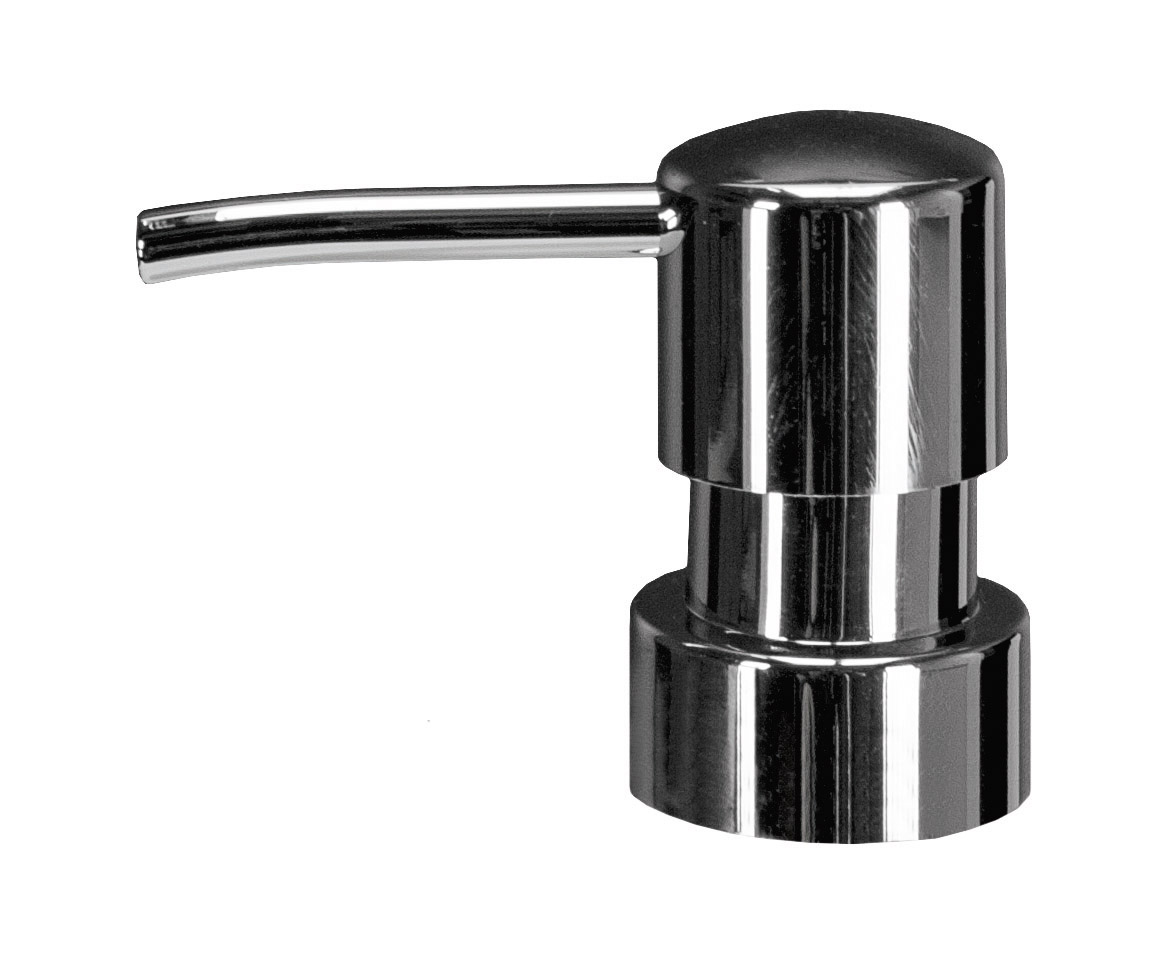 Moderner Seifenspender aus glänzendem Chrom mit schlichtem, zylindrischem Design und praktischem Pumpmechanismus.