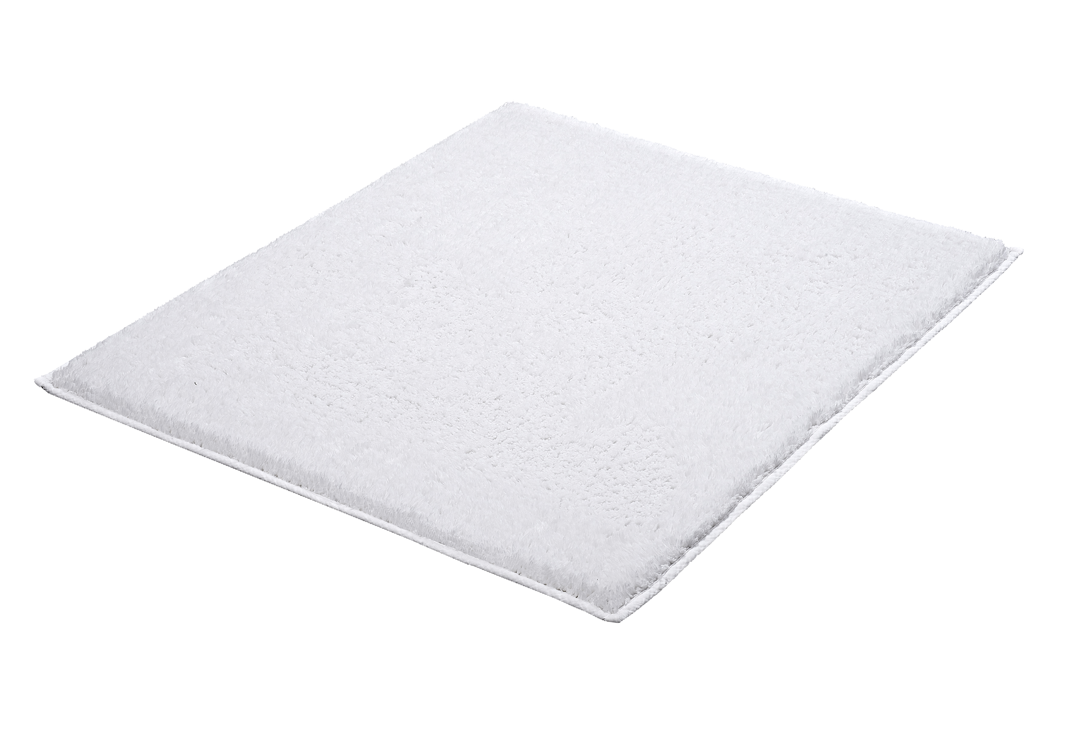 Weißer, flauschiger Badezimmerteppich in rechteckiger Form, ideal für ein modernes und gemütliches Badezimmer.