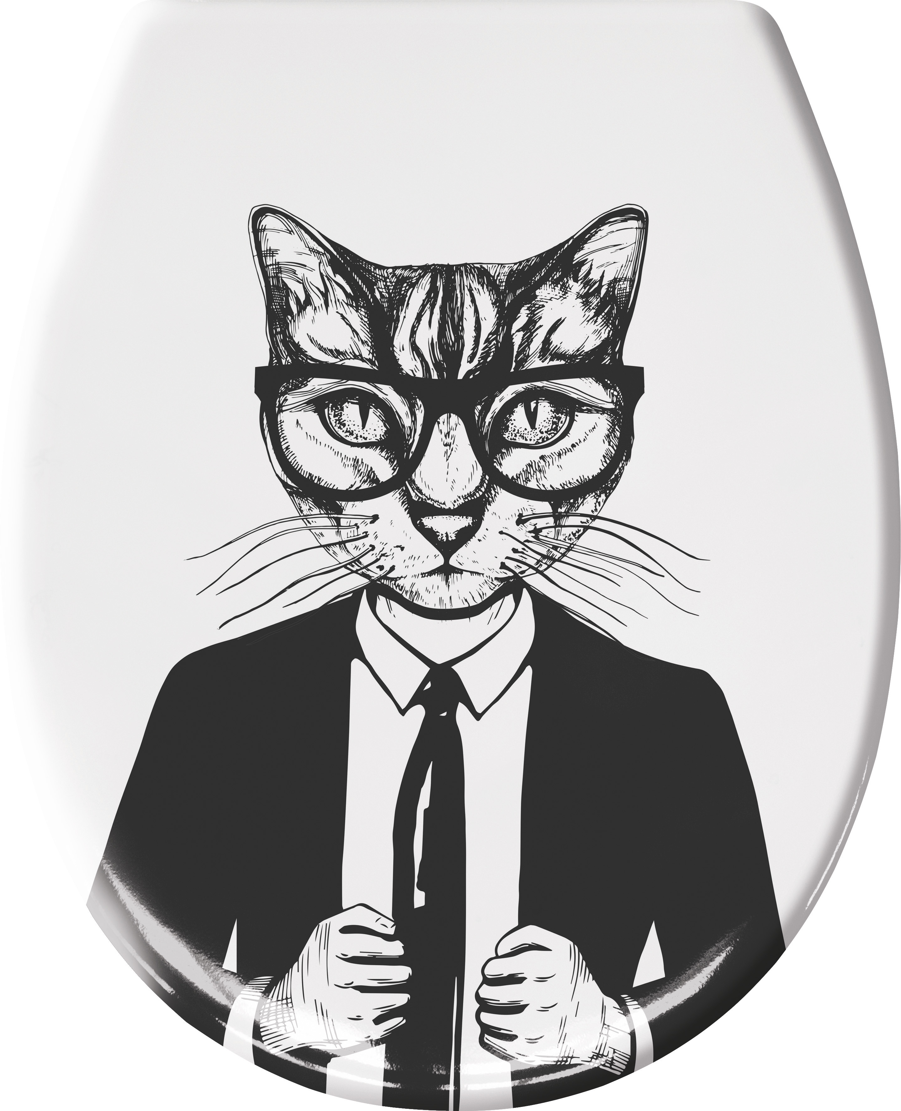 WC-Sitz KALLI Schwarz-Weiß mit Absenkautomatik und Easy Clean WC-Sitz mit witzigem Katzenmotiv im Anzug und Brille, ideal für ein stilvolles und humorvolles Badezimmer.