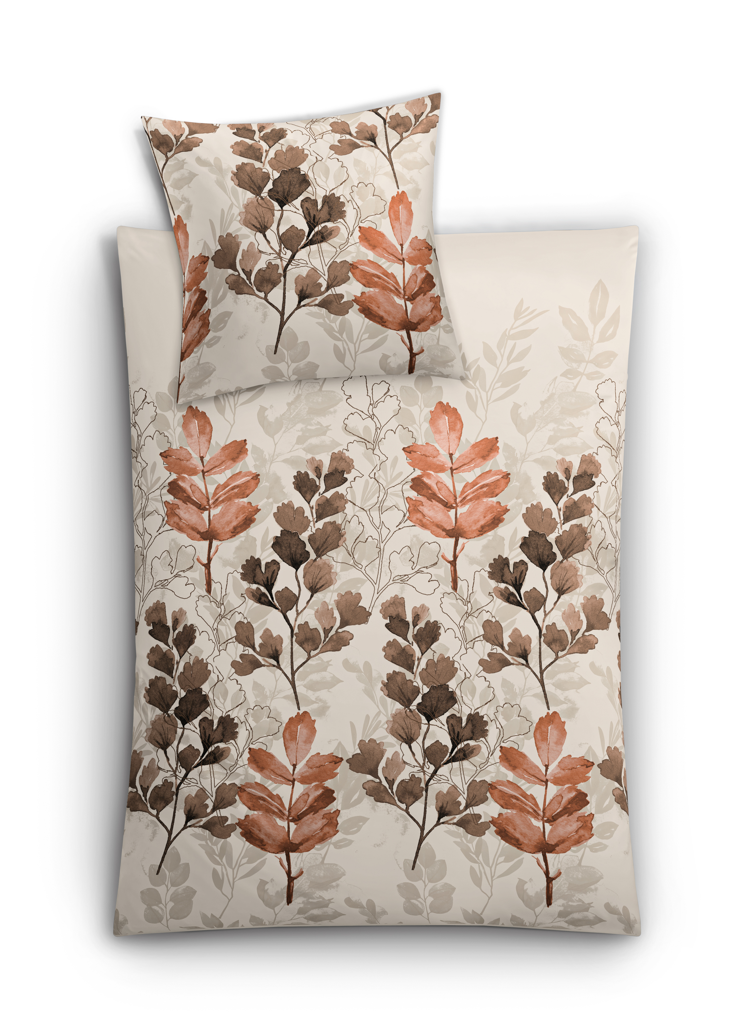 Bettwäsche-Set mit herbstlichem Blätterdesign in warmen Brauntönen auf cremefarbenem Hintergrund.