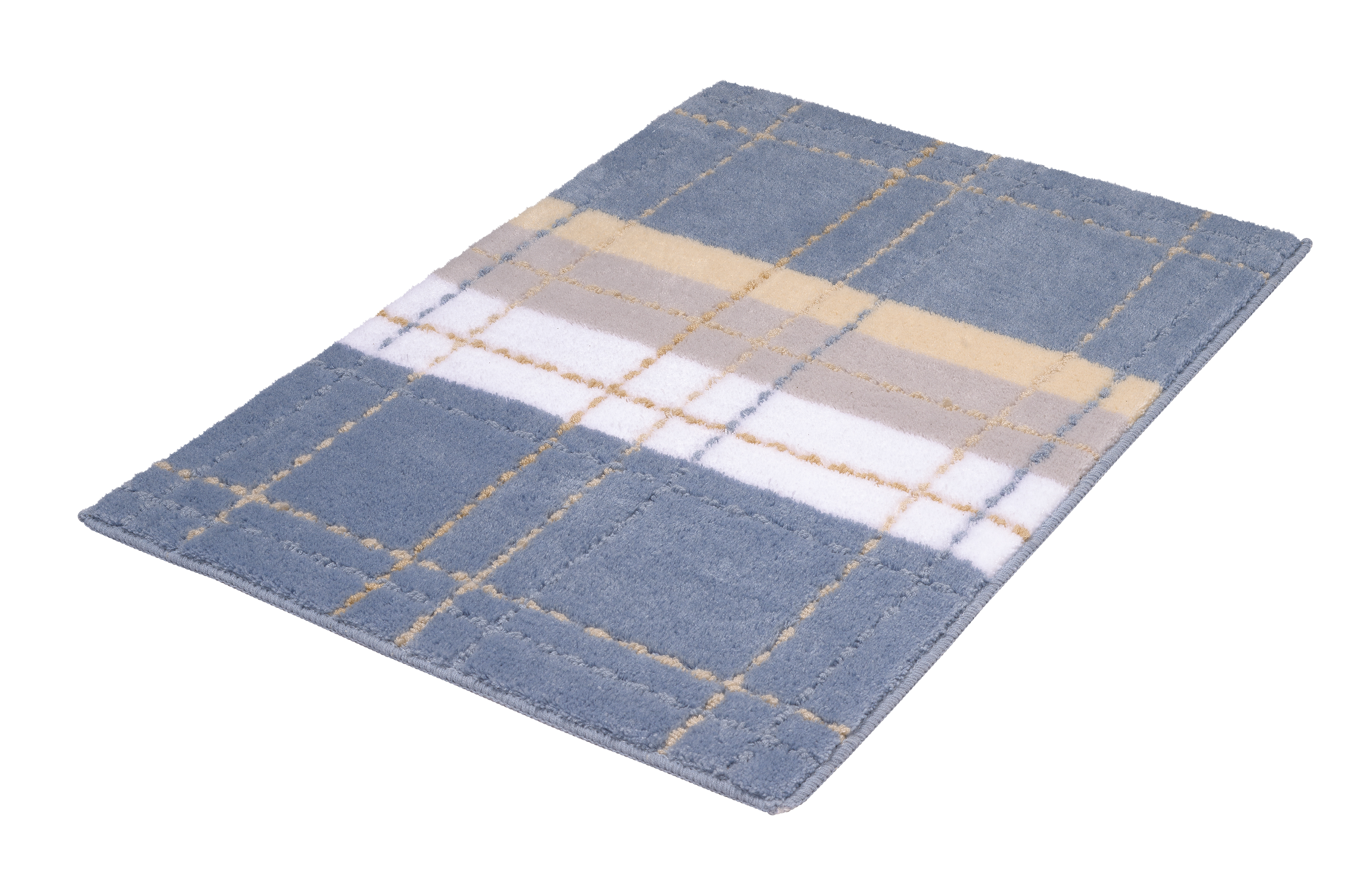 Weicher Badteppich mit kariertem Muster in Blau, Weiß und Beige. Perfekt für ein gemütliches Badezimmerambiente.