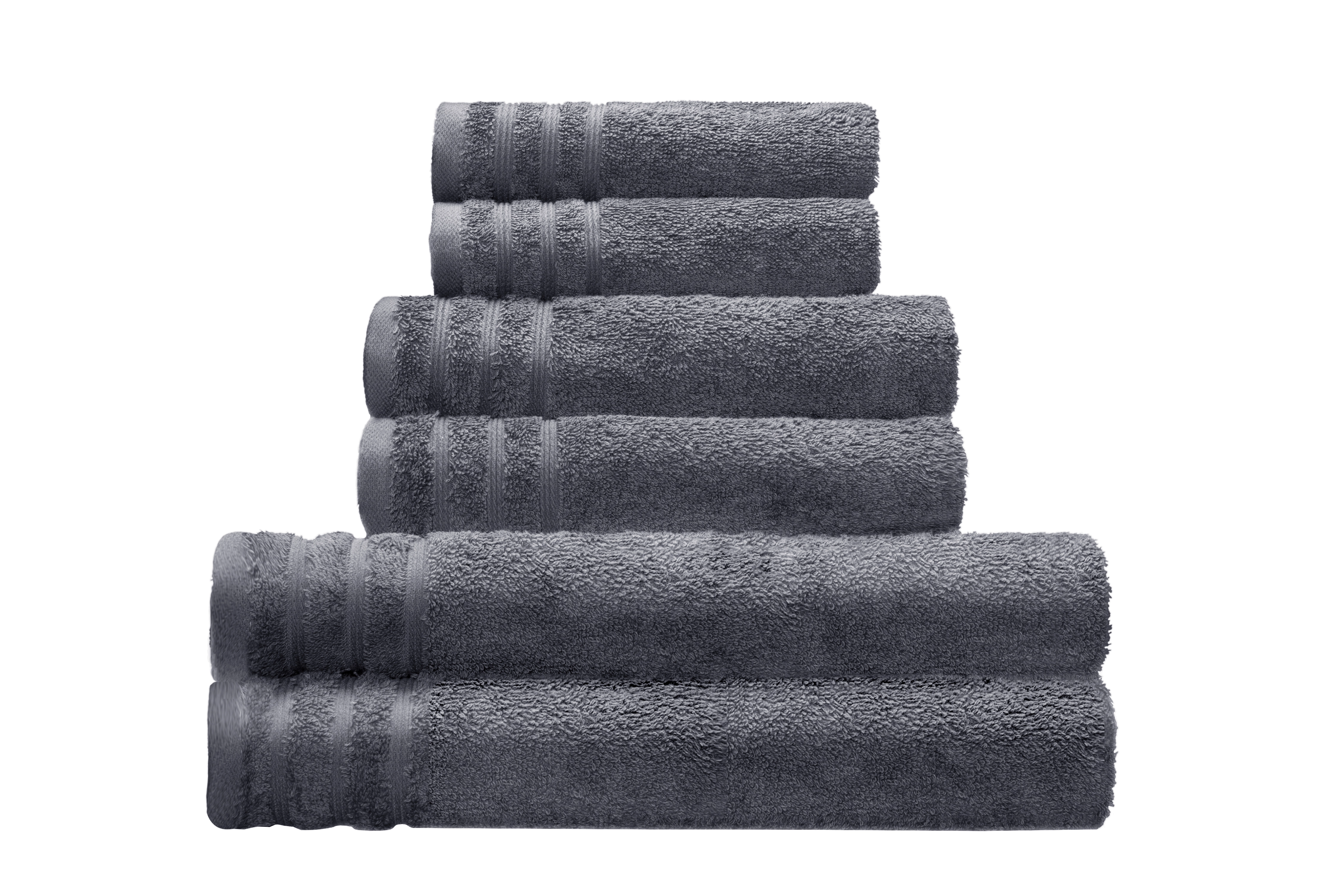 Graues Handtuch-Set aus weicher Baumwolle, bestehend aus sechs Handtüchern in verschiedenen Größen, elegant und flauschig.