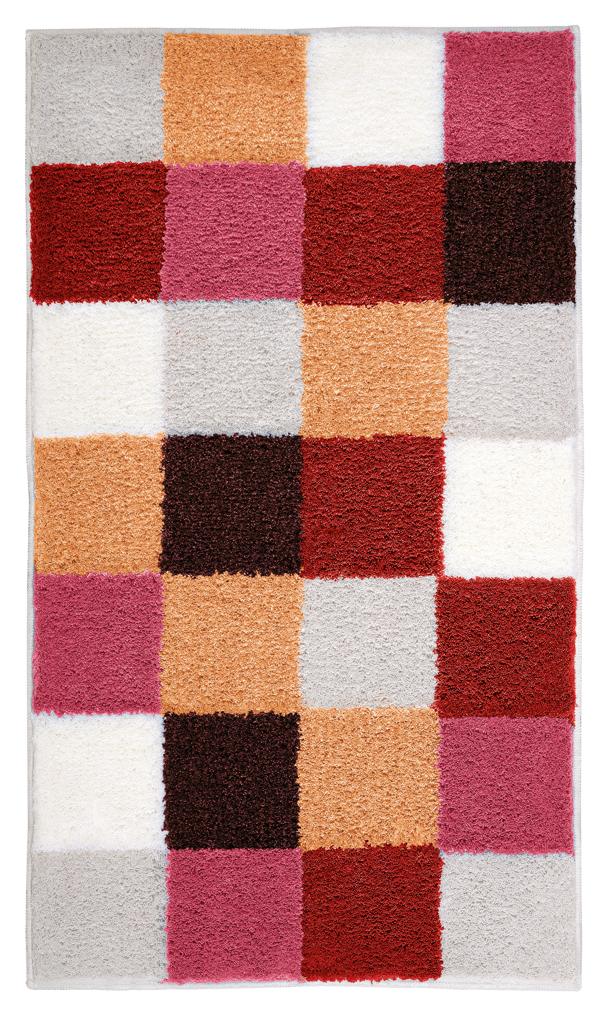 Bunter Badteppich mit kariertem Muster in Rot-, Orange-, Rosa- und Grautönen, weiche Textur, ideal für Badezimmer.