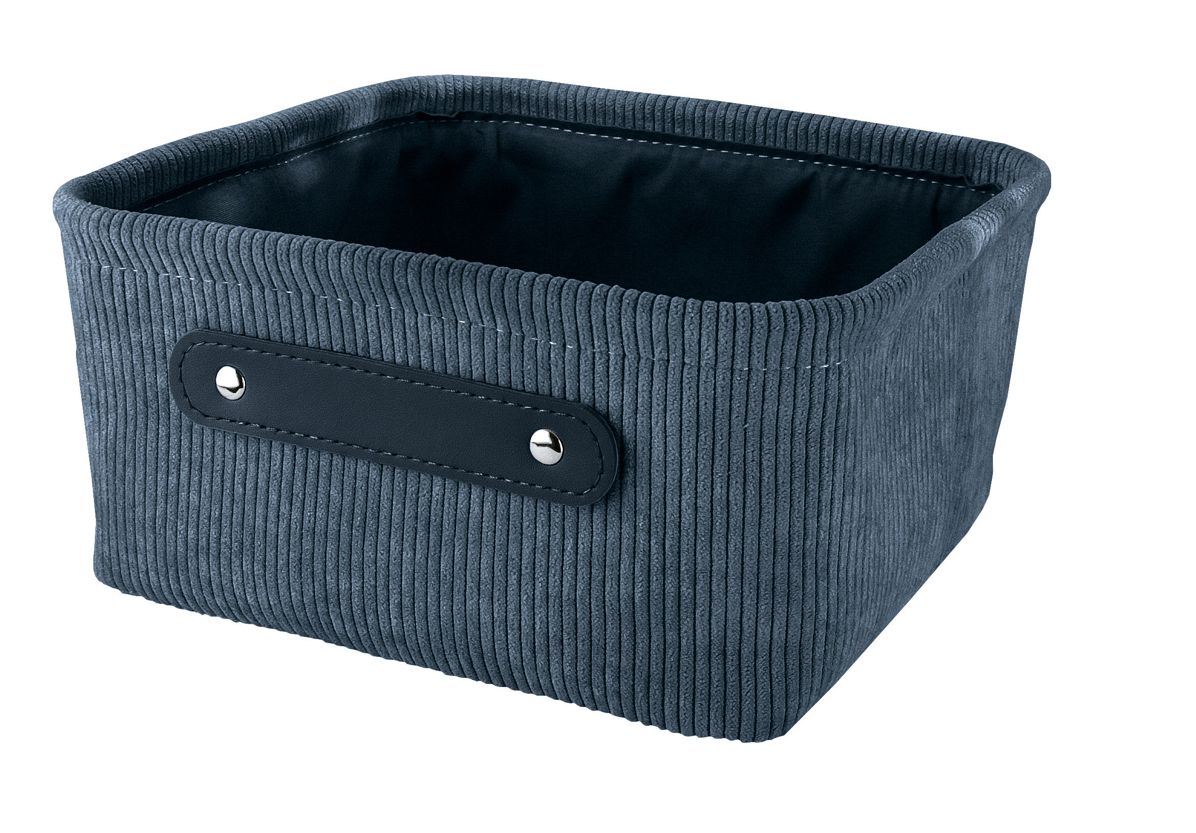 Aufbewahrungskorb BEDFORD Mare M Grauer Aufbewahrungskorb aus Stoff mit schwarzem Griff und silbernen Nieten, ideal für stilvolle Organisation im Haushalt.