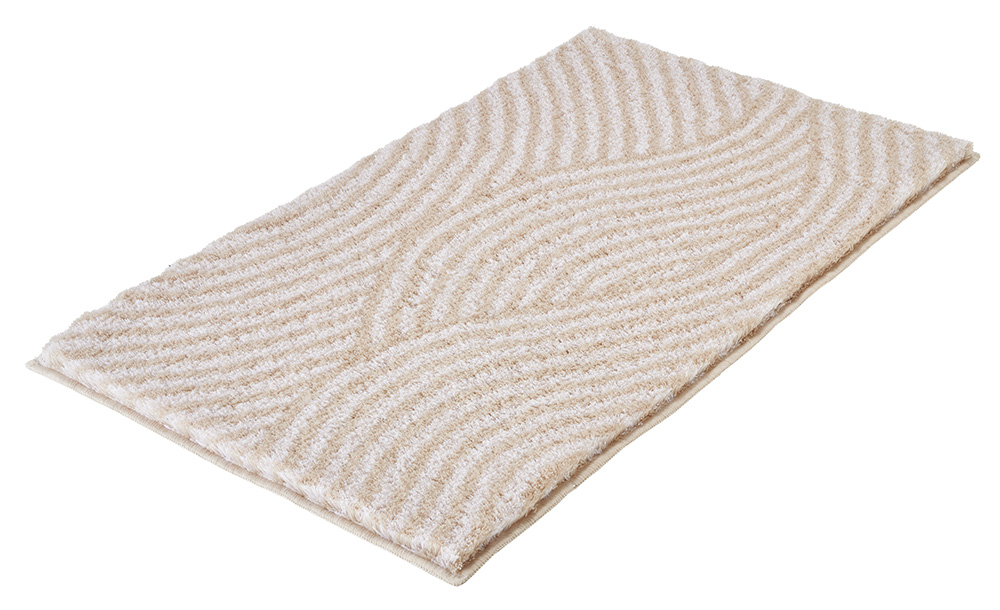 Beige Badematte mit wellenförmigem Muster, weiche Textur, rutschfeste Unterseite, ideal für Badezimmer.