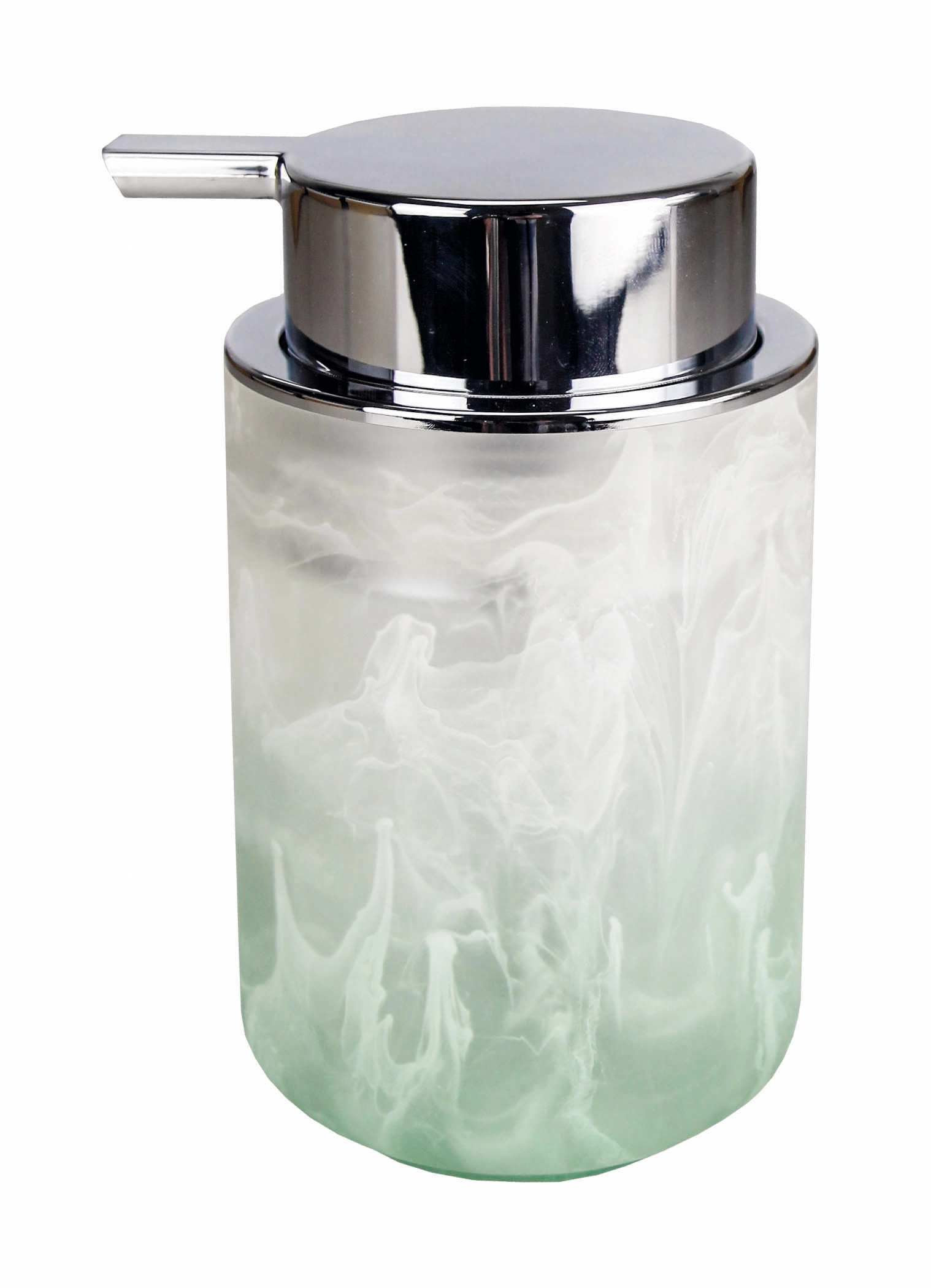 Seifenspender FAIRY Maledivia Seifenspender mit marmoriertem Design in Grün und Weiß, glänzendem Chromdeckel und Pumpmechanismus.