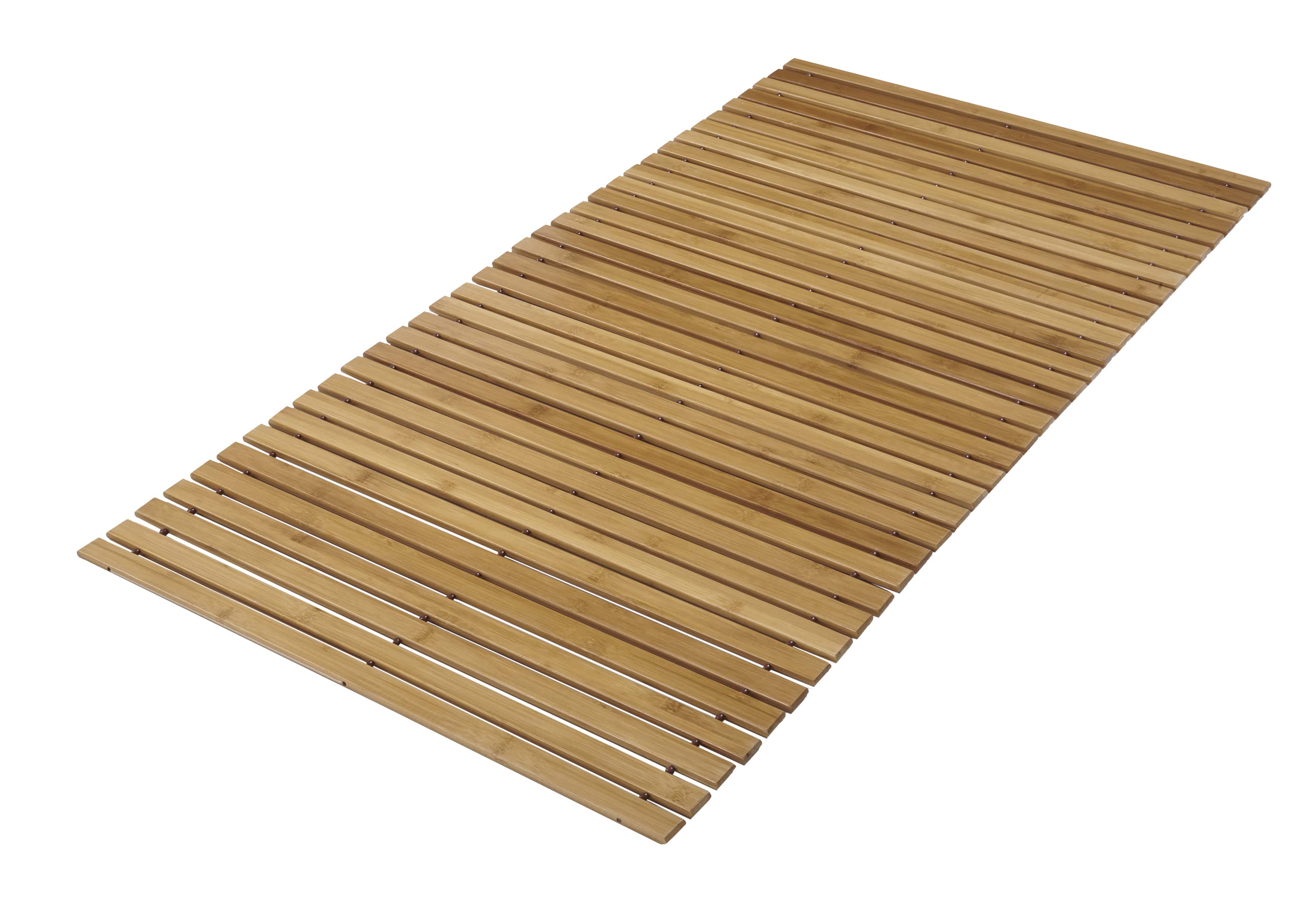 Bambus-Badematte in natürlicher Holzoptik, rechteckig, mit schmalen, parallel verlaufenden Latten für ein stilvolles Badezimmer.