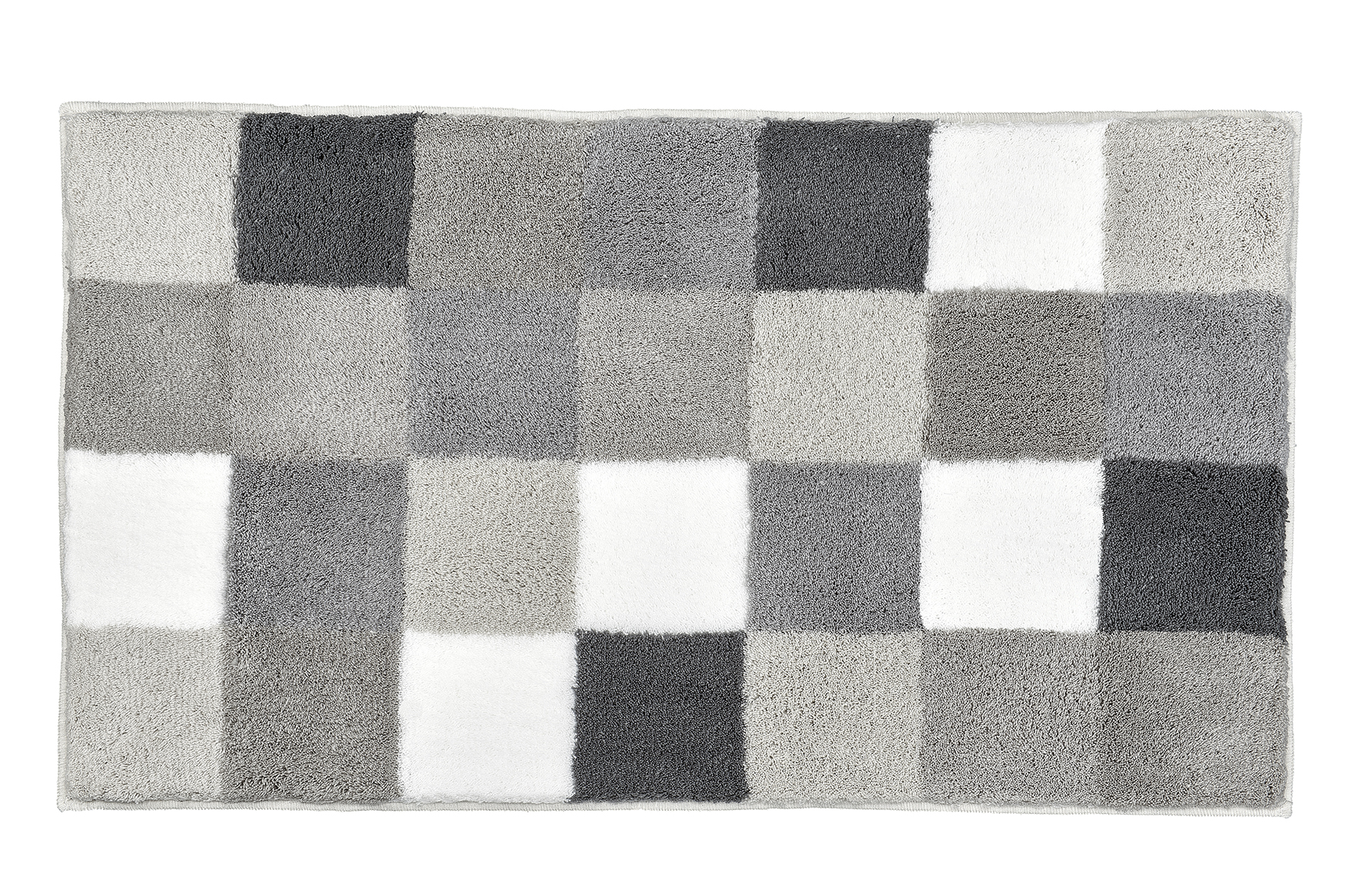 Moderner Badteppich mit Karomuster in verschiedenen Grautönen und Weiß, weiche Textur, rutschfeste Rückseite.