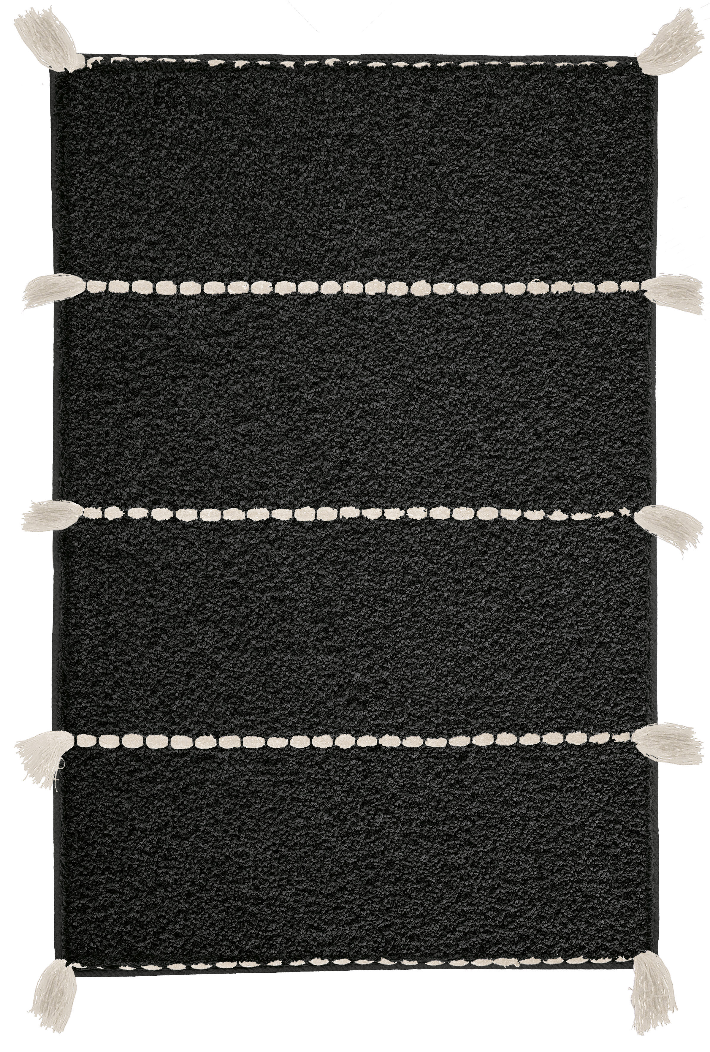 Schwarzer Teppich mit weißen Quasten und horizontalen Streifen. Ideal für moderne Wohnräume. Hochwertige Verarbeitung und stilvolles Design.