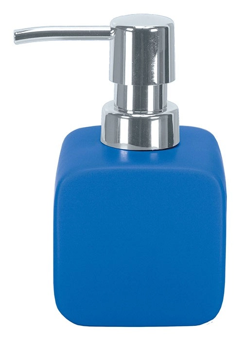 4004478279957 Moderner Seifenspender in Blau mit glänzendem Chrom-Pumpkopf. Ideal für Badezimmer und Küchen.