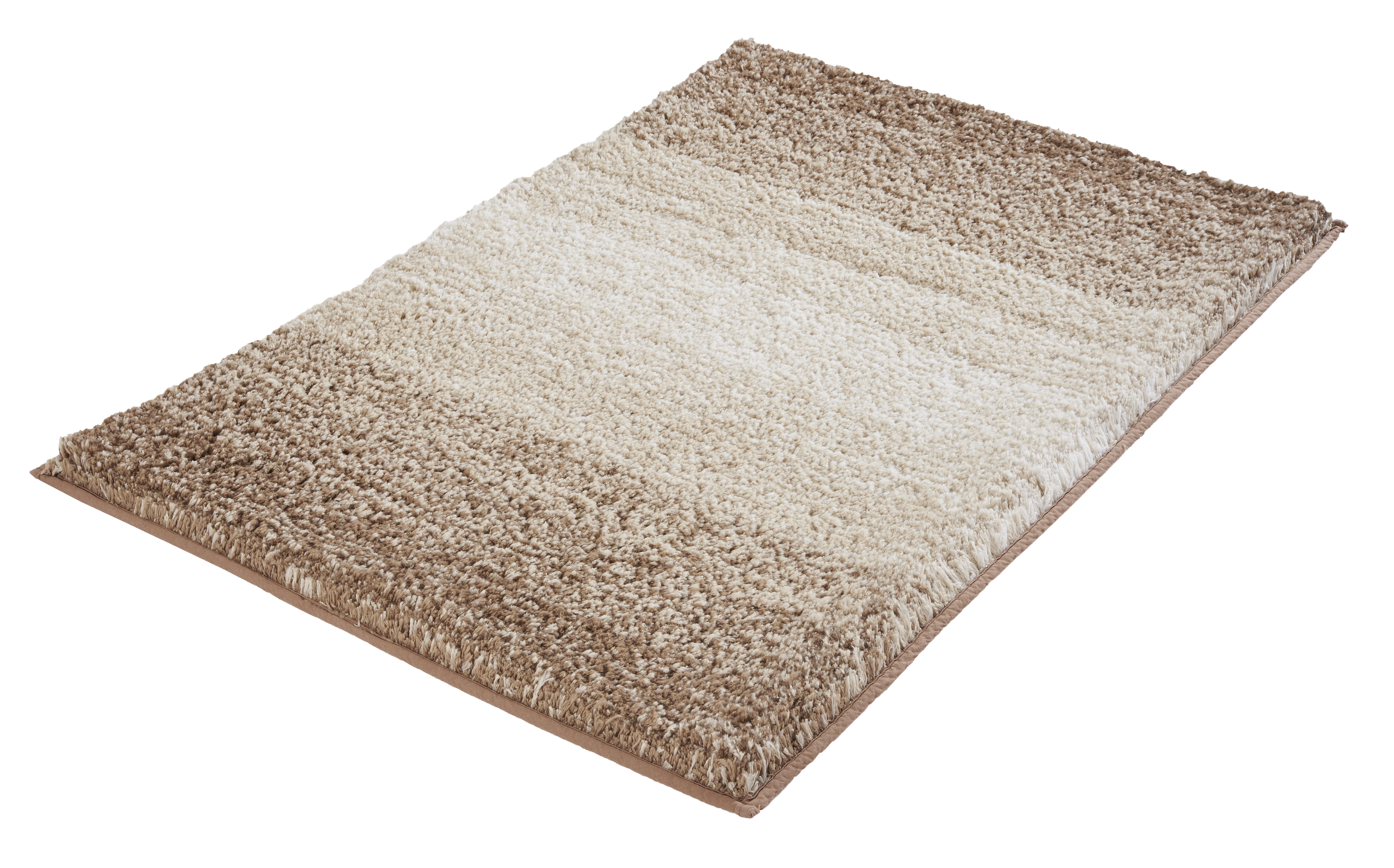 Rechteckiger, flauschiger Teppich in Beige- und Brauntönen mit Farbverlauf, ideal für Wohn- und Schlafzimmer.