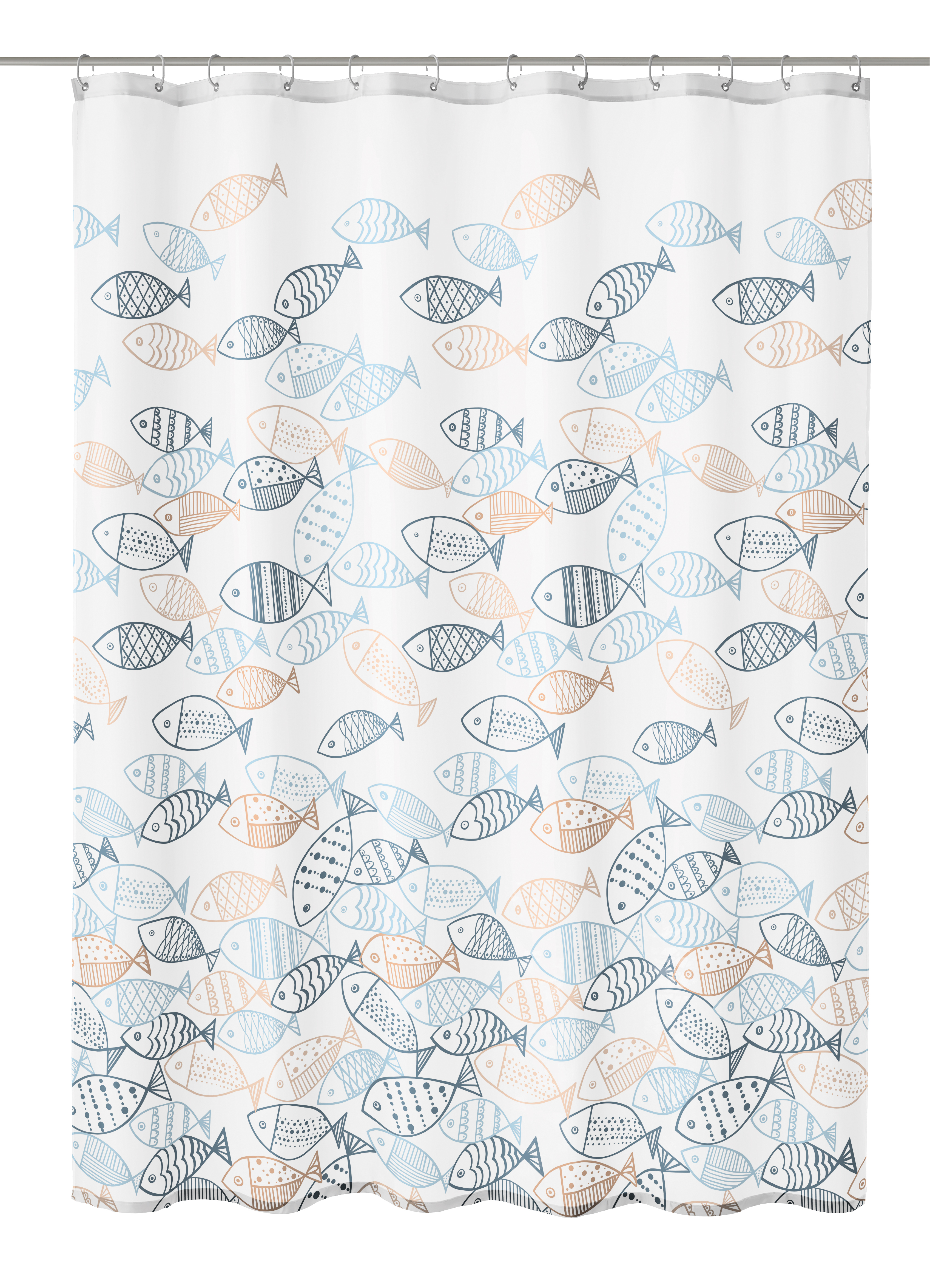 Duschvorhang Textil SARDINAS Multicolor 180 x 200 cm Duschvorhang mit buntem Fischmuster in Blau- und Beigetönen auf weißem Hintergrund, ideal für ein maritimes Badezimmer.