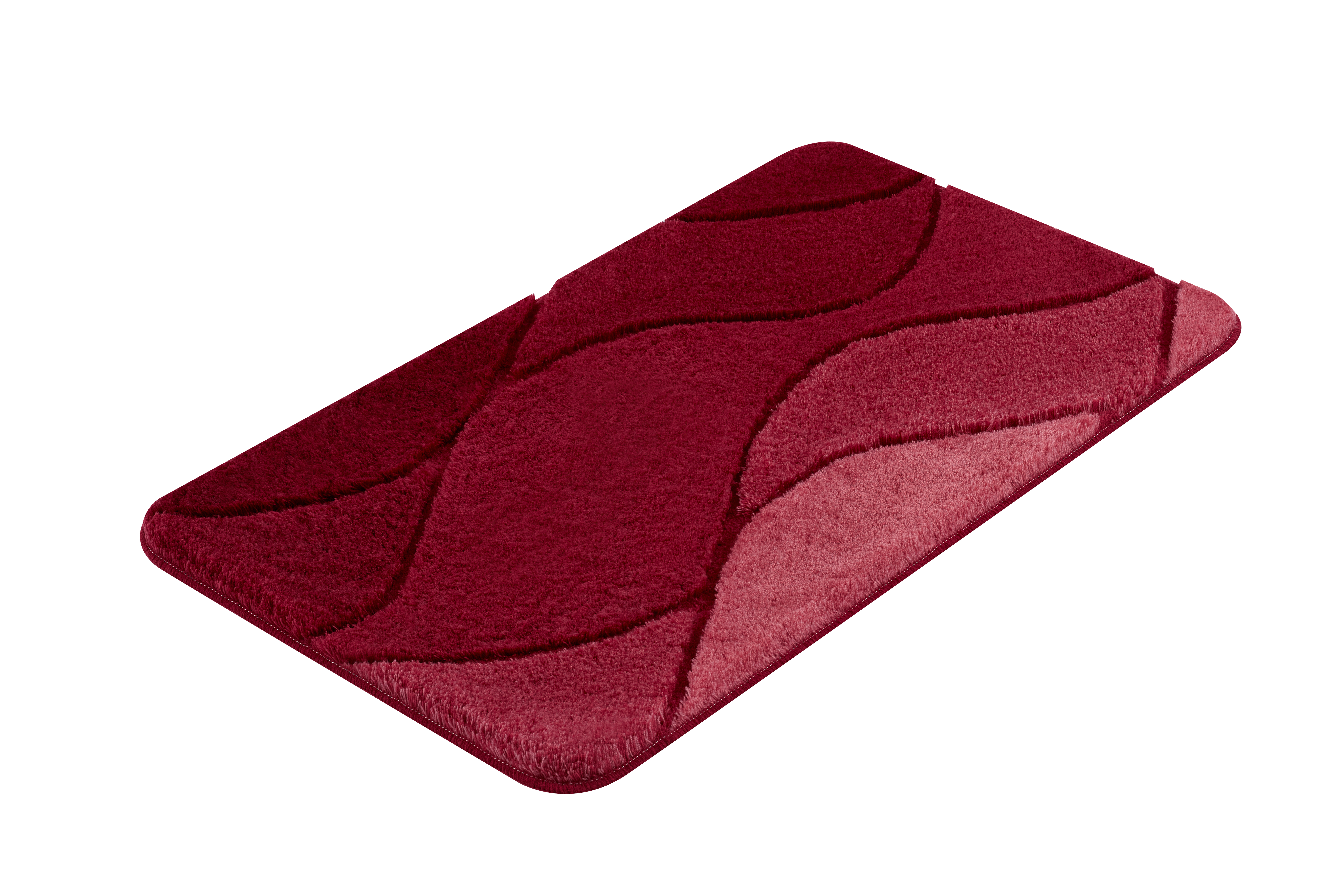 Roter Badteppich mit wellenförmigem Muster in verschiedenen Rottönen, weiche Textur, ideal für Badezimmer.