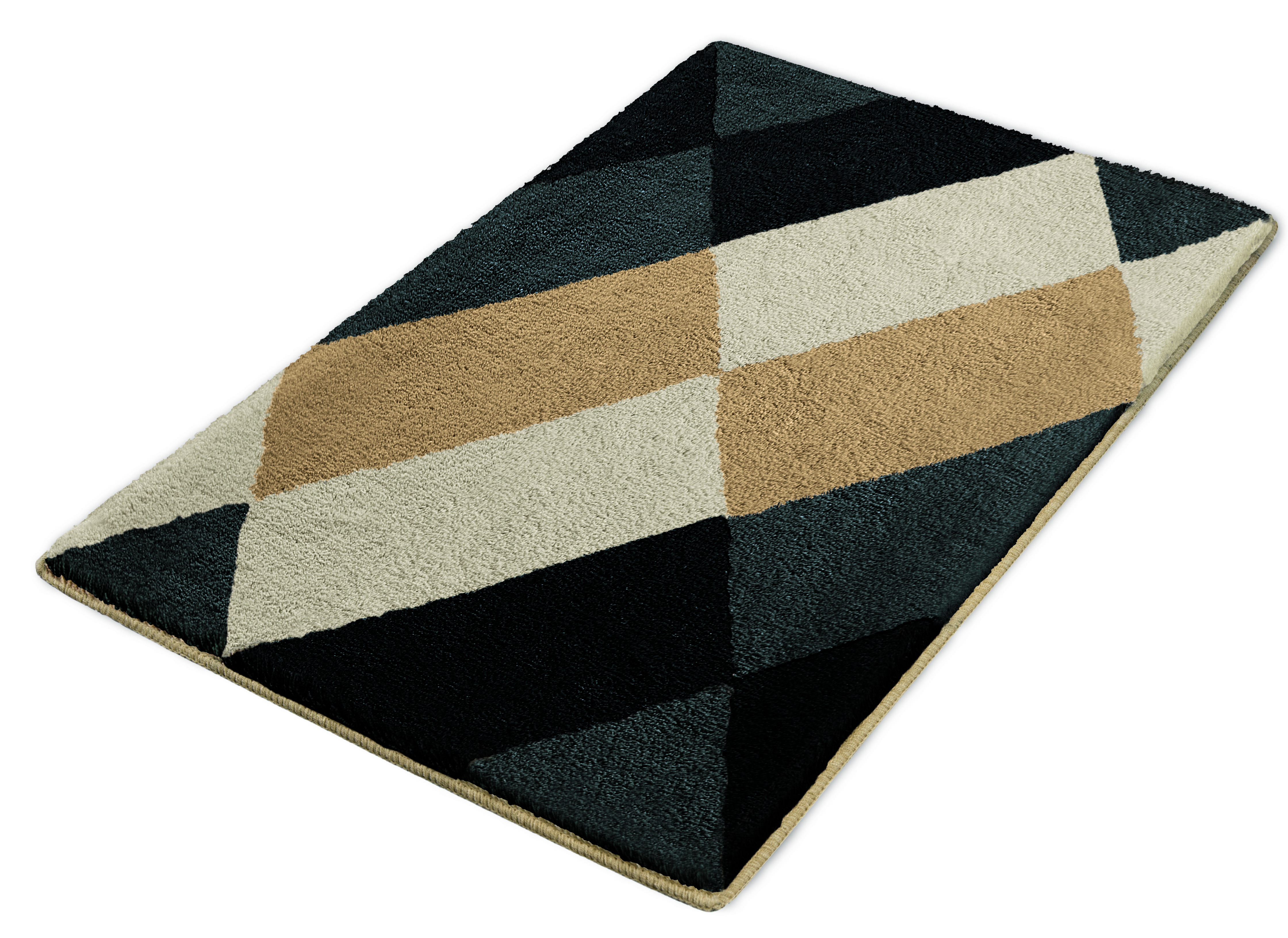 Moderner Teppich mit geometrischem Muster in Schwarz, Beige und Grau. Rechteckige Form, weiche Textur.