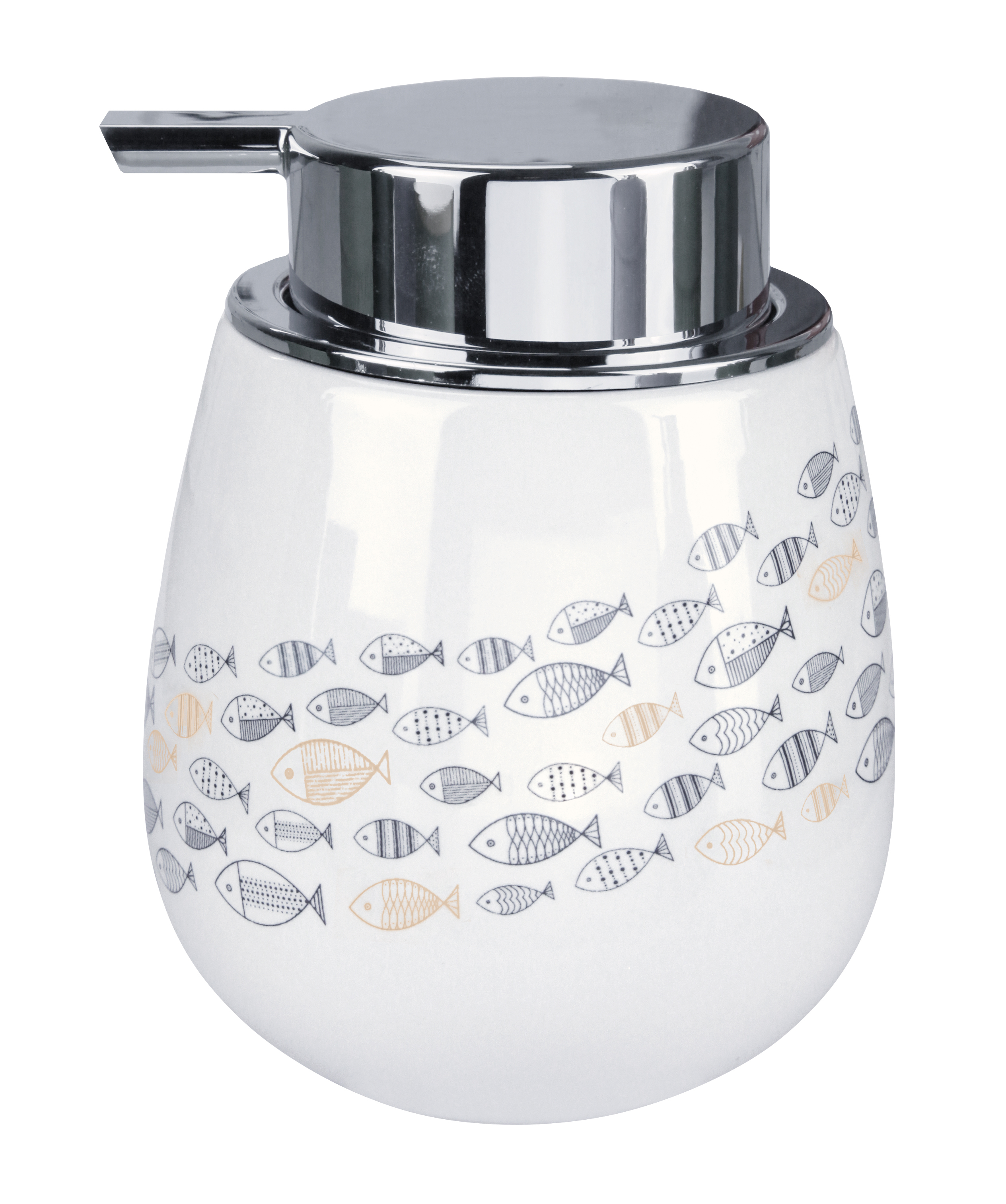 Seifenspender SARDINAS Mare Seifenspender mit Fischmotiv, weiß und silberfarben, modernes Design, ideal für Badezimmer und Küche.