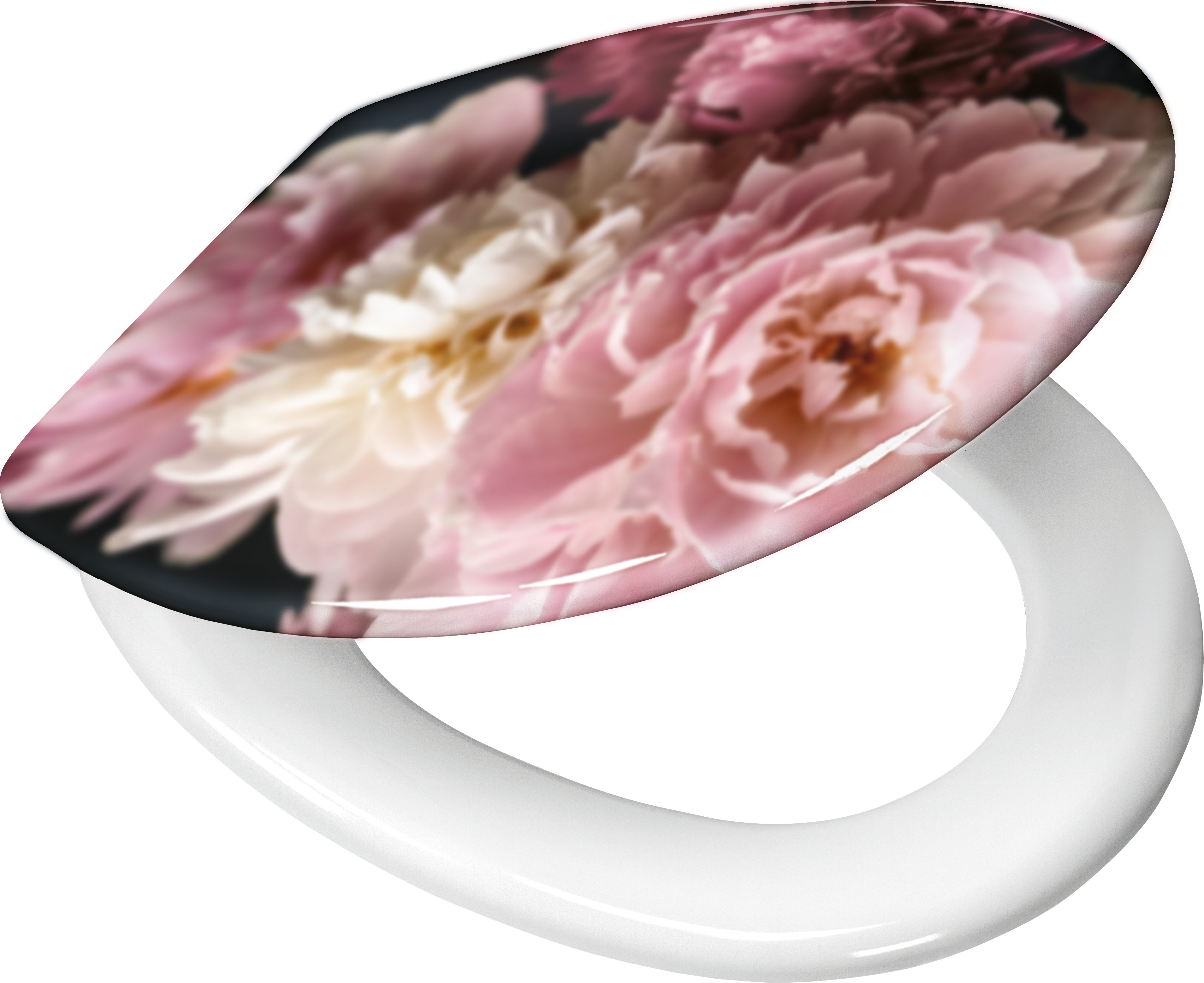 WC-Sitz mit floralem Design in zarten Rosa- und Cremetönen, glänzende Oberfläche, ideal für stilvolle Badezimmer.