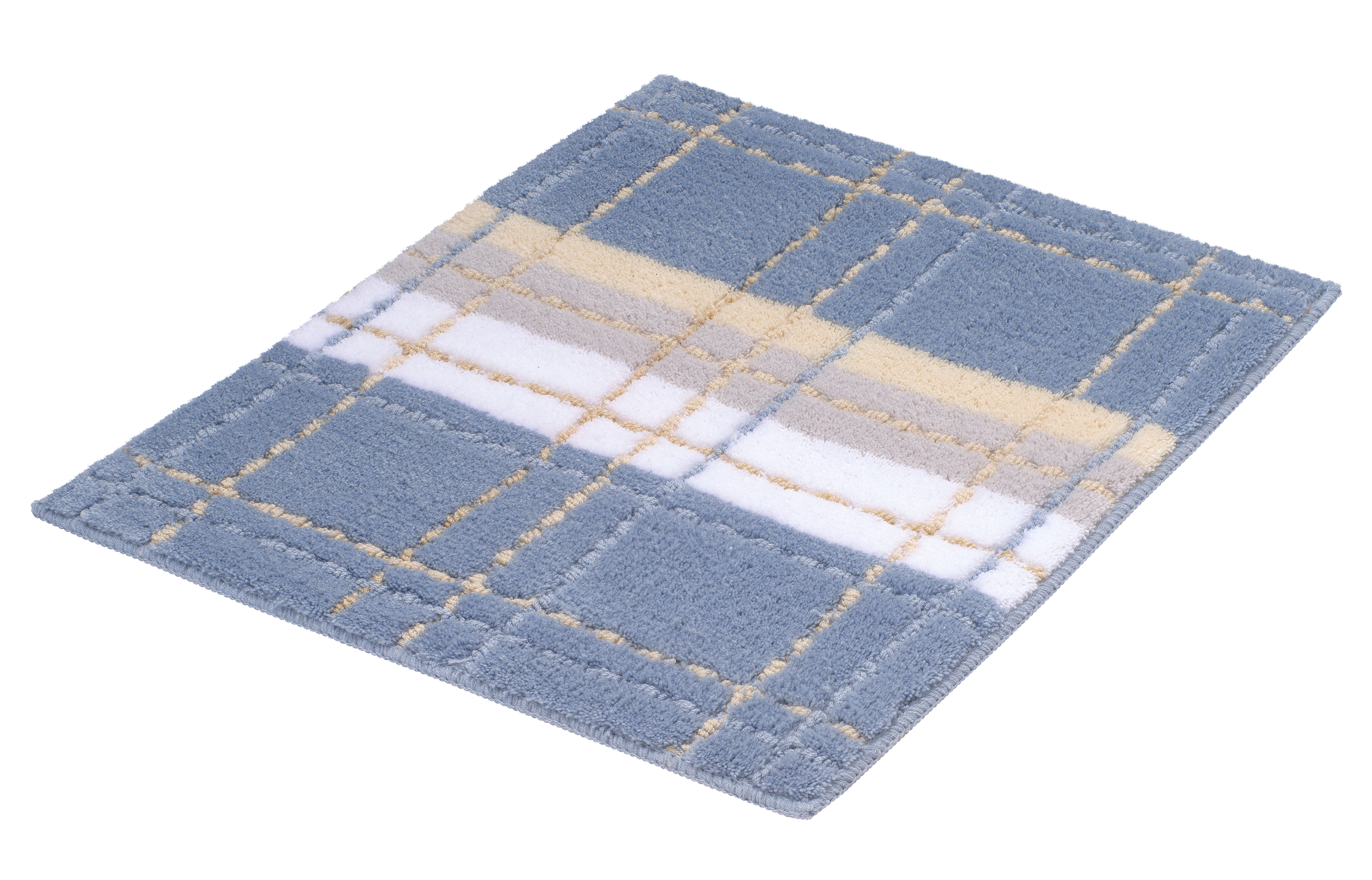 Weicher Badteppich in Blau mit kariertem Muster in Weiß und Beige, ideal für ein gemütliches Badezimmer.