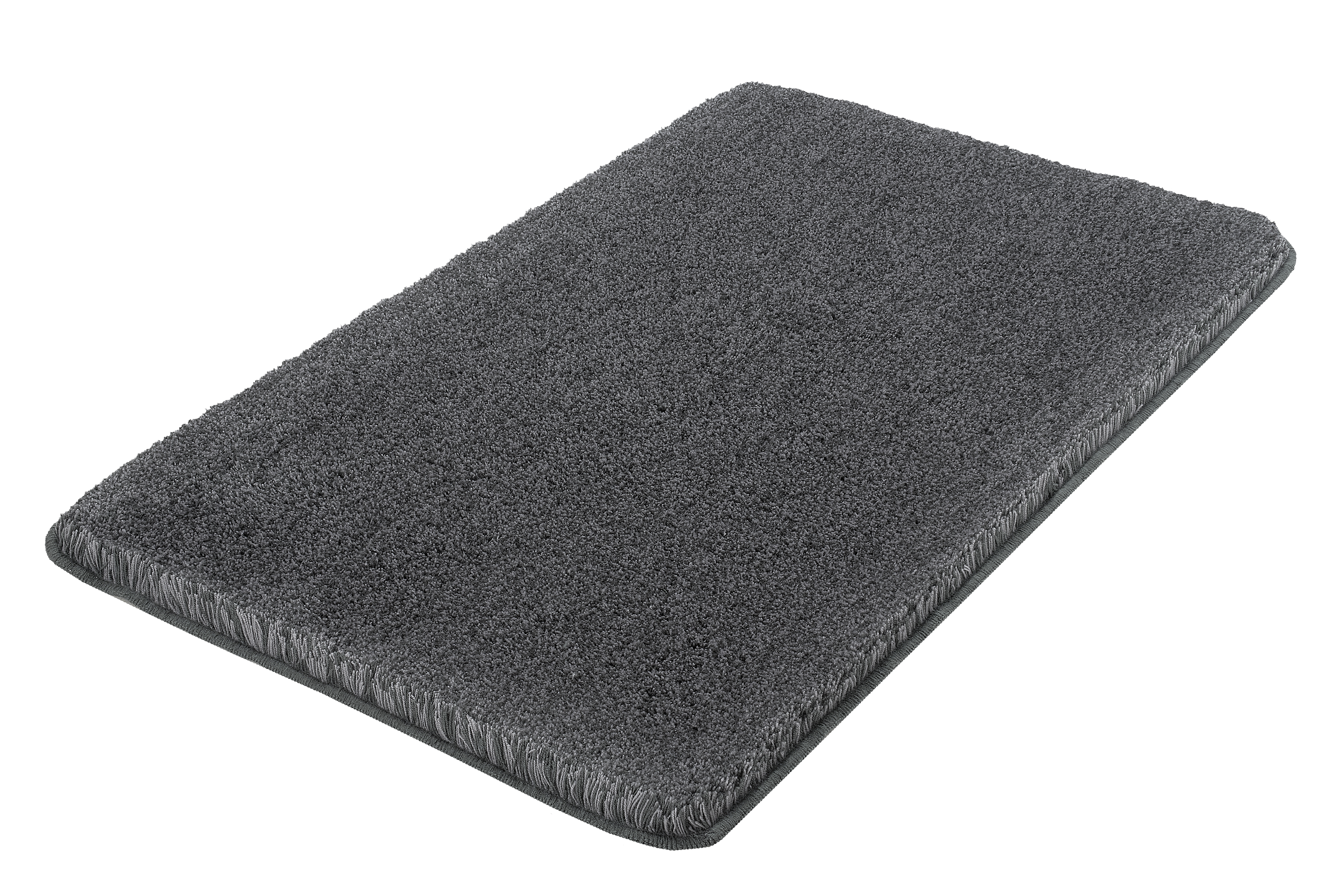 Graue Badematte mit weicher, flauschiger Oberfläche und rutschfester Unterseite, ideal für Badezimmer und Wellnessbereiche.