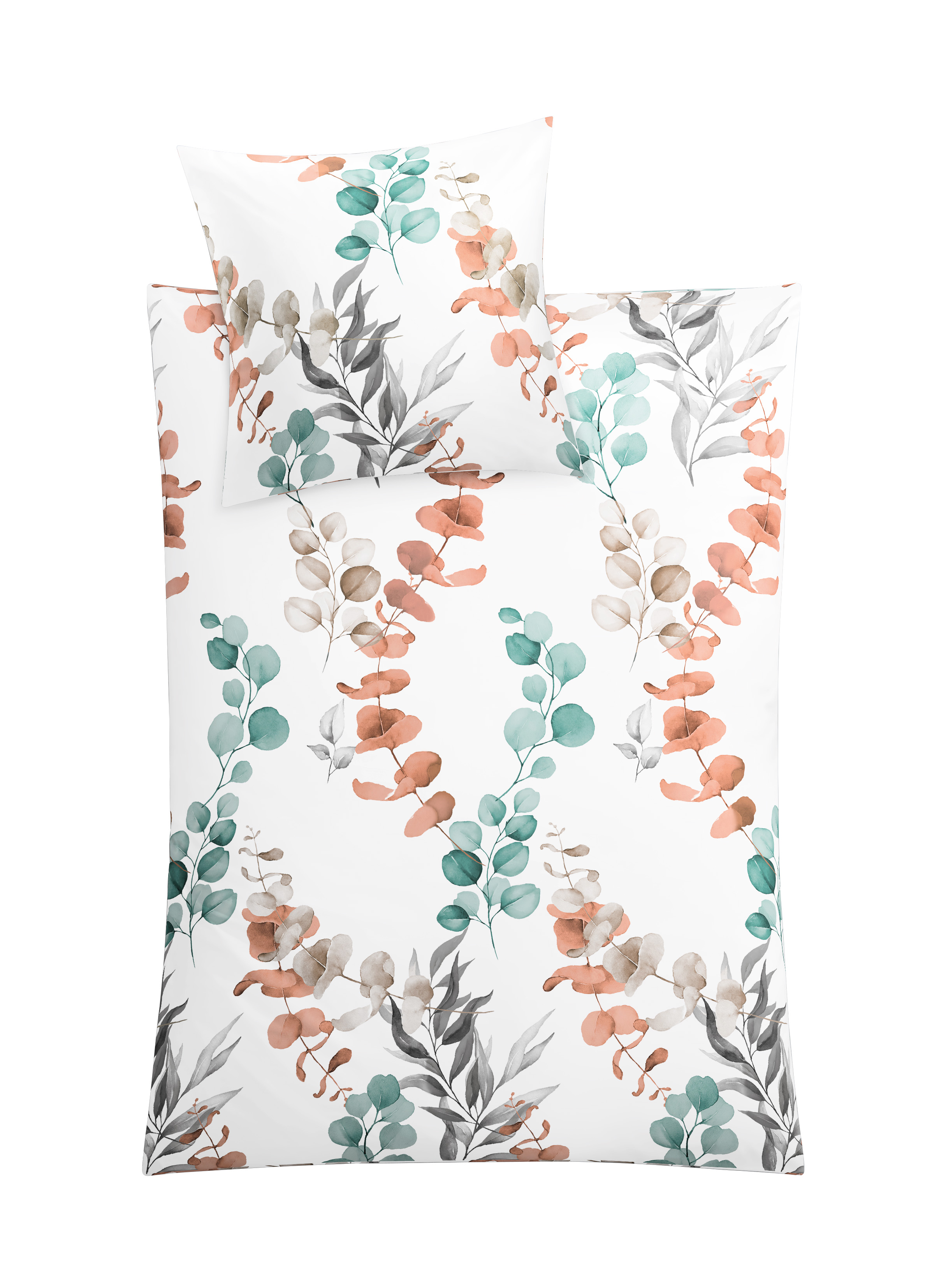 Bettwäsche-Set mit floralem Eukalyptus-Design in Grün, Orange und Grau auf weißem Hintergrund. Ideal für ein frisches Schlafzimmer.