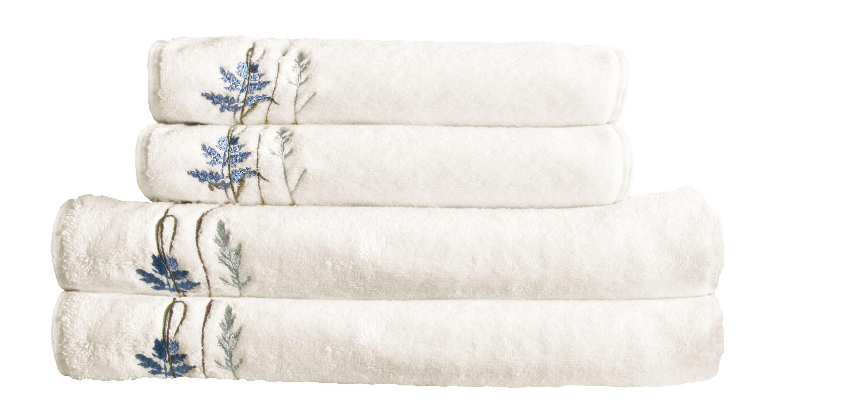 Frottier Gästetuch SAVANNAH Seidenfarben Set 2-teilig Weißes Handtuch-Set mit zarter Blumenstickerei in Blau und Grün, elegant und weich für ein luxuriöses Badeerlebnis.