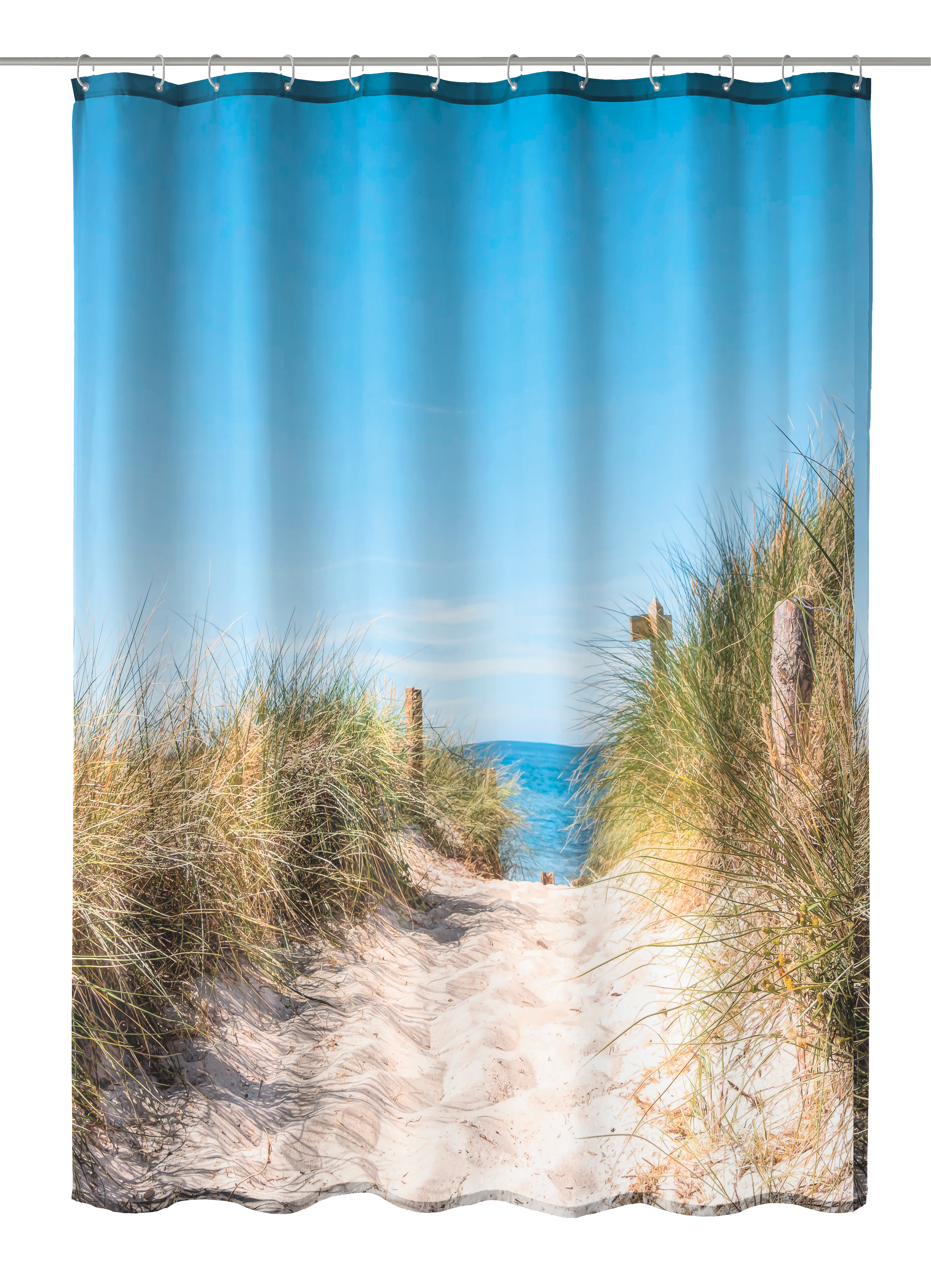 Duschvorhang mit Strandmotiv, zeigt einen sandigen Pfad durch Dünen zum Meer unter klarem, blauem Himmel.