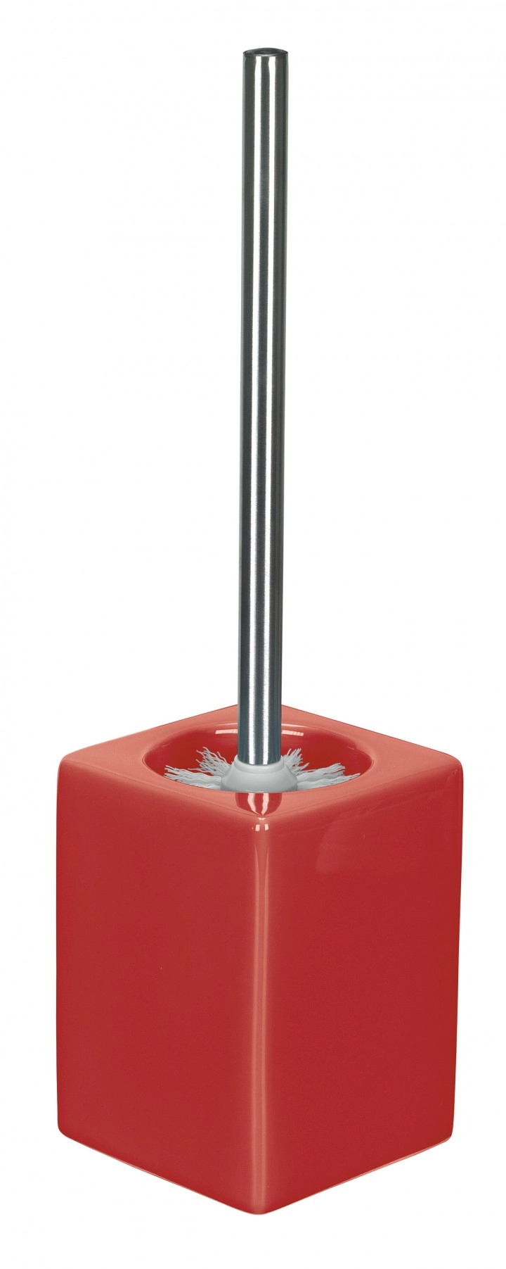 4004478188839 Rote WC-Bürste mit quadratischem Behälter und silbernem Griff, modernes Design, ideal für stilvolle Badezimmer.